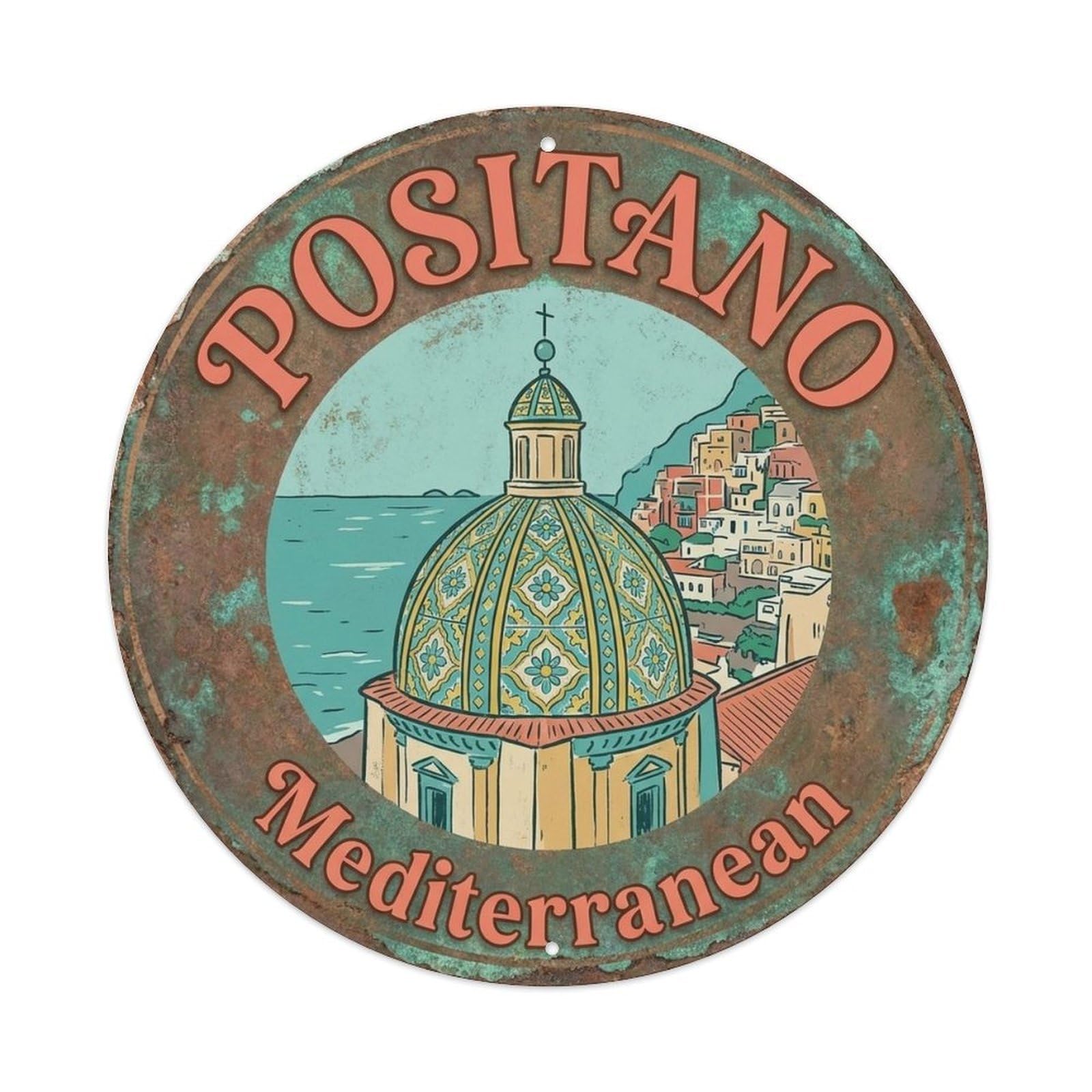 Positano Italy Mediterranean European Church Classic Metal Tin Sign Plaque Wall Decor for Cafe, Man Cave, Club Bar, Office, Home Garden Round Metal Poster 8x8Inch