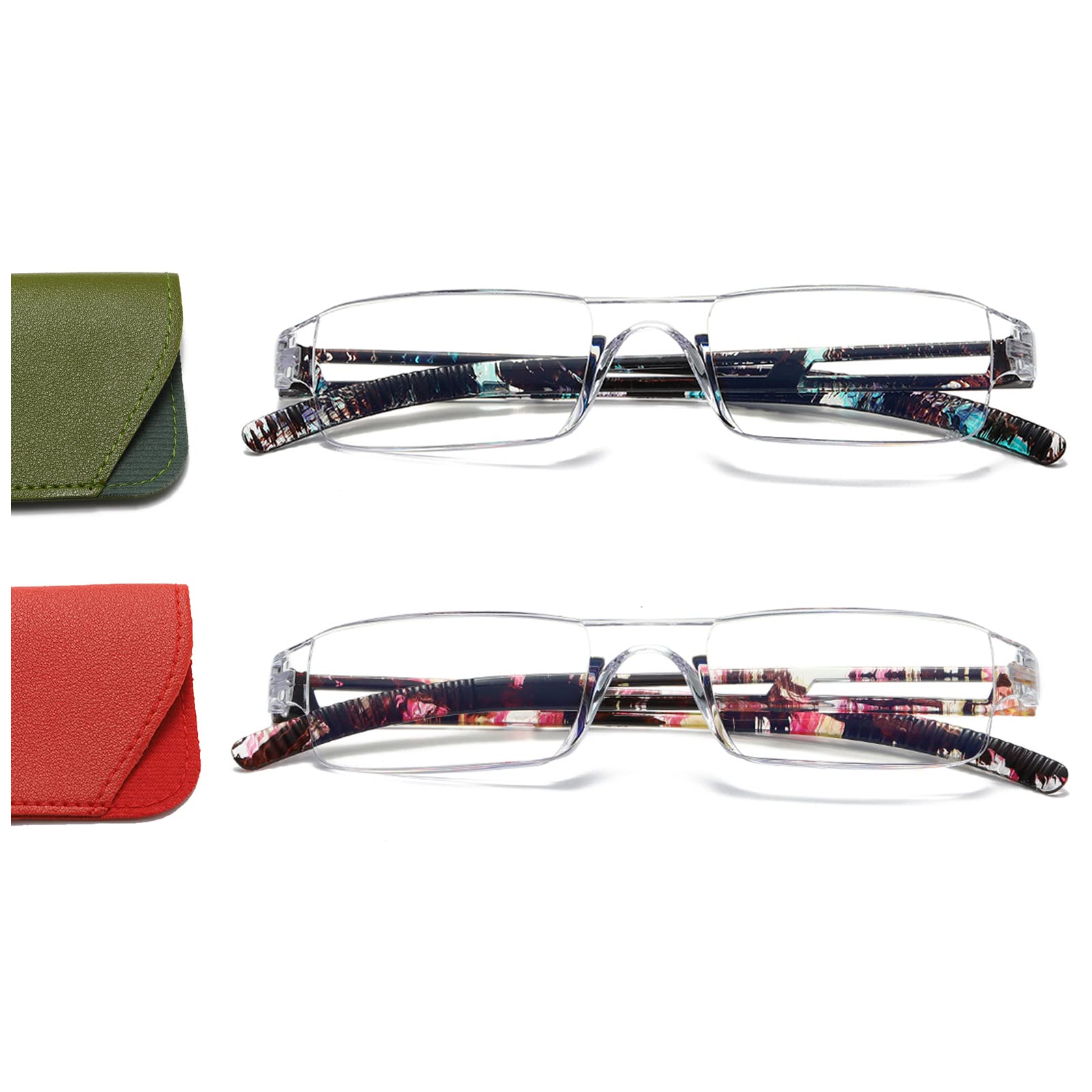 Hubeye 2 pares Gafas de Lectura Sin Montura Mujer Hombre Rectángulo Lector sin marco transparente anteojos anti luz azul con funda de cuero 1.50