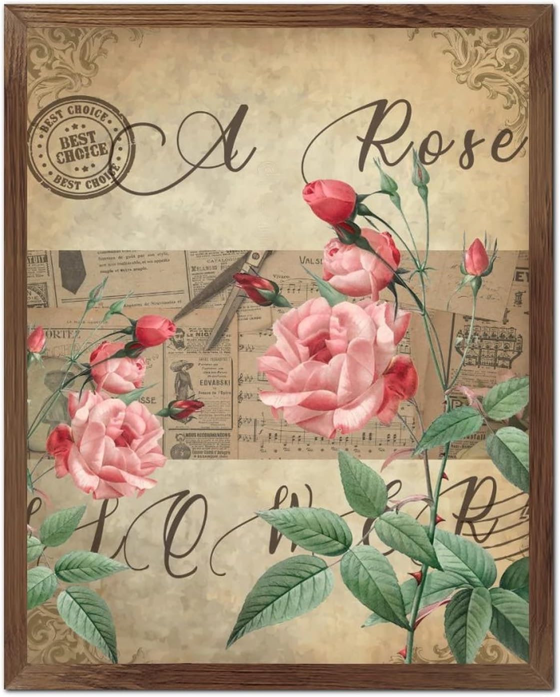 Vintage French Rose Flower Framed Wood Signs Retro Newspaper Music Note Wood Hanging Sign Classic Blossom Floral Wood Wall Hanging Decorative for Women Office Bathroom Shelf Decor 20x16inch