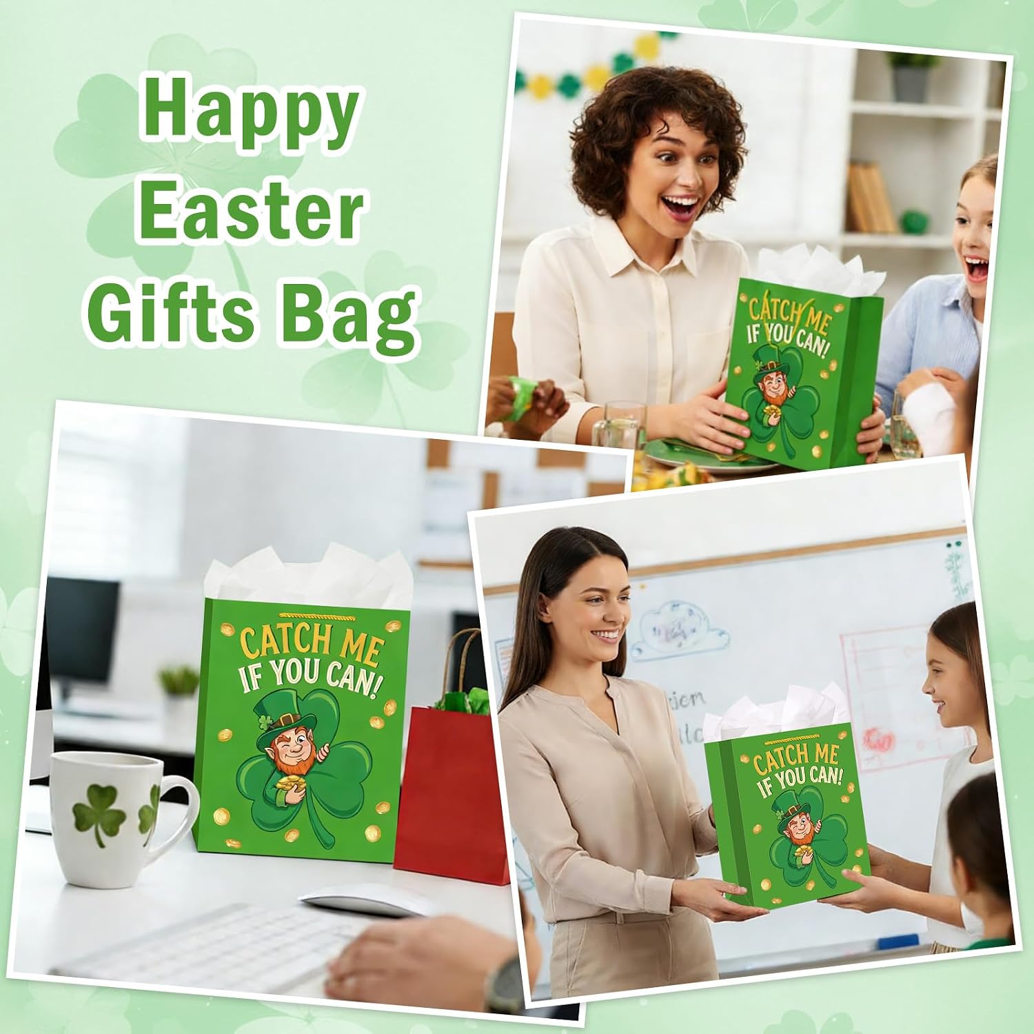 WhatSign St.Patrick's Day Gift Bag - Large Green Lucky Leprechaun Gift Wrap Bag Catch Me If You Can Shamrock & Gold Coins Design Festive Irish Holiday Party Supplies for All Ages image 5