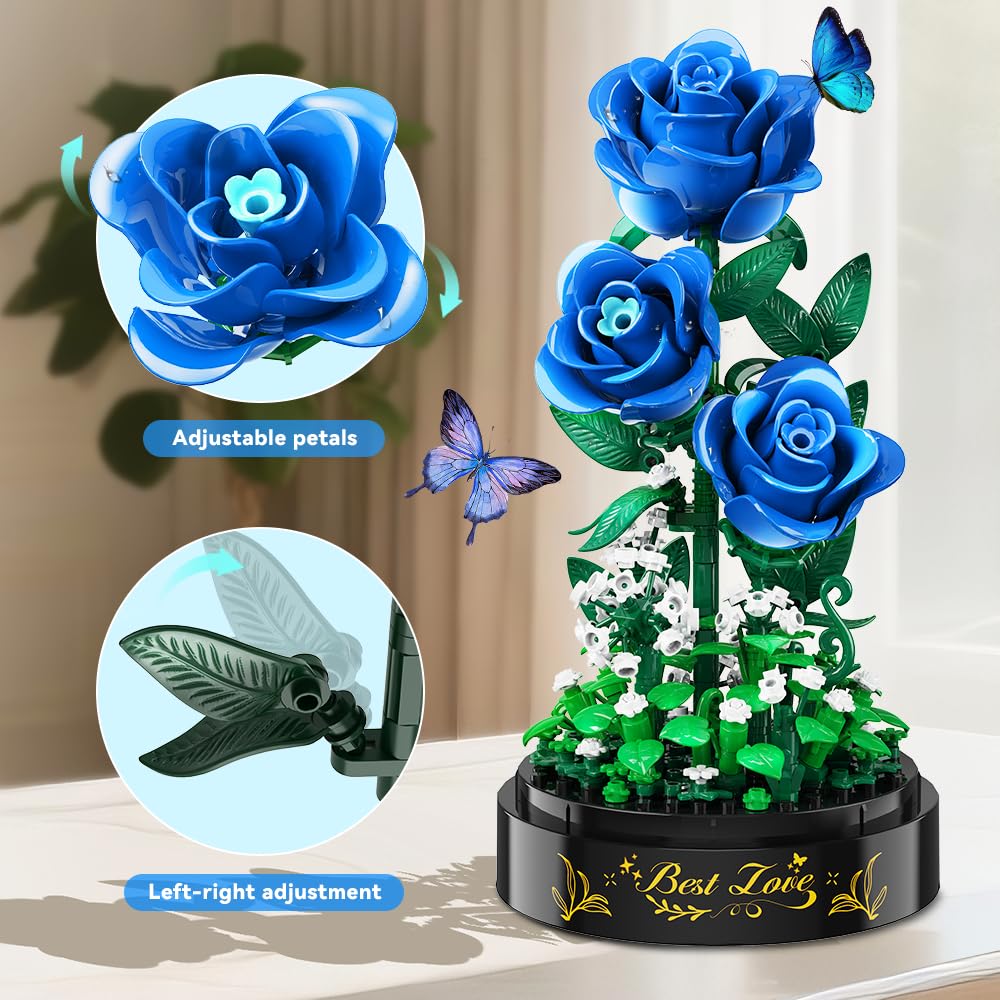 Ice Rain & Blue Rose セット HiWEEGO Bouquet Construction Kit with LED Light - 319 Pieces Mini