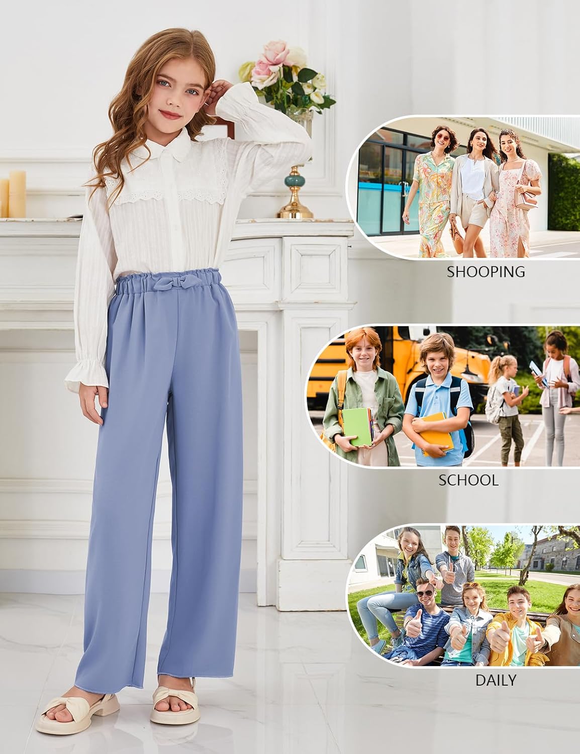Girls Wide Leg Palazzo Pant Loose Straight Cute Bow Waist Spring Summer Lightweight Dress Pant for Kids 5-14Y - Image 6