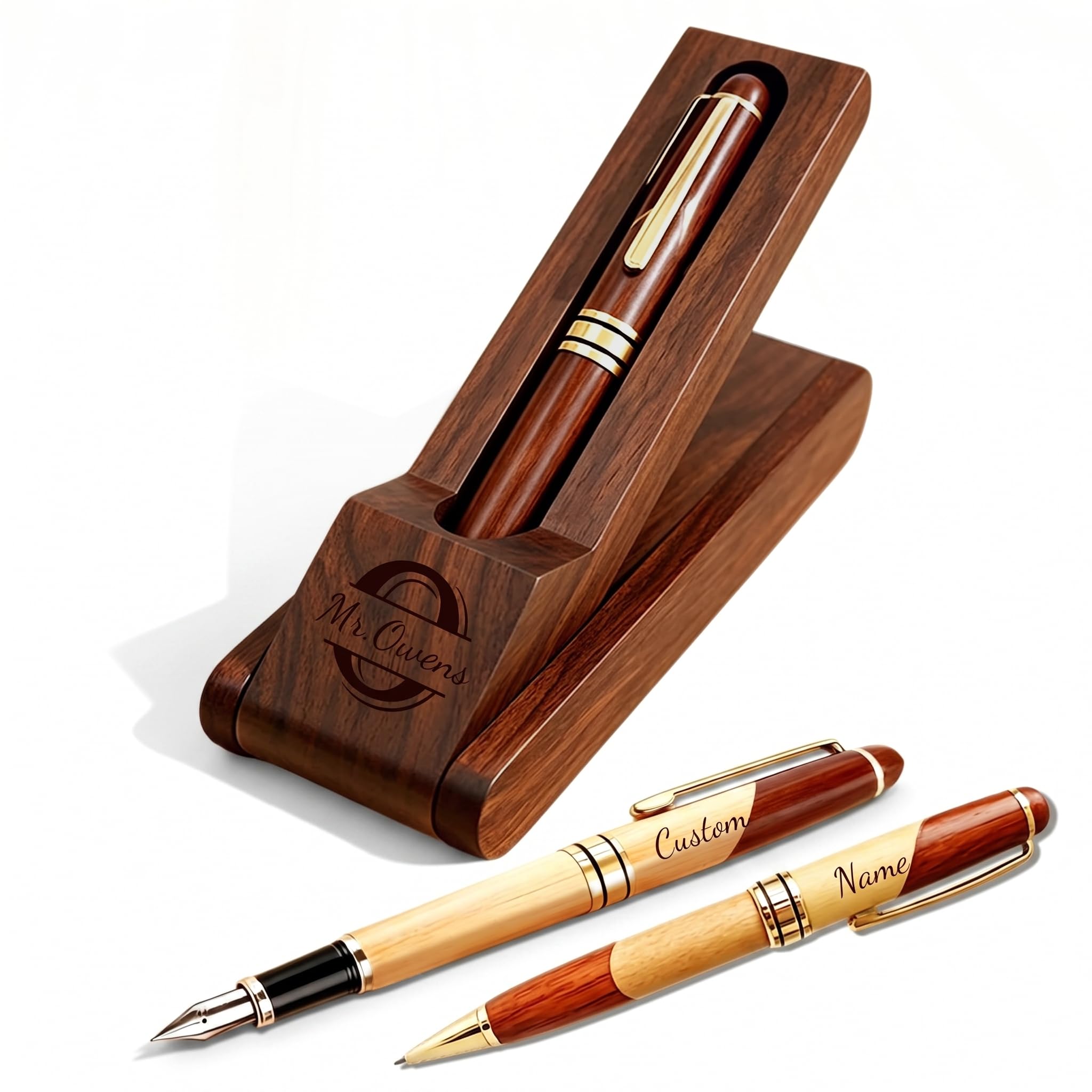 KBPTM Personalised Engraved Wooden Ballpoint Pen Gift Set, Custom Folding Storage Box with Customised Black Gel or Fountain Pen for Business Teacher Graduate,Walnut Wood