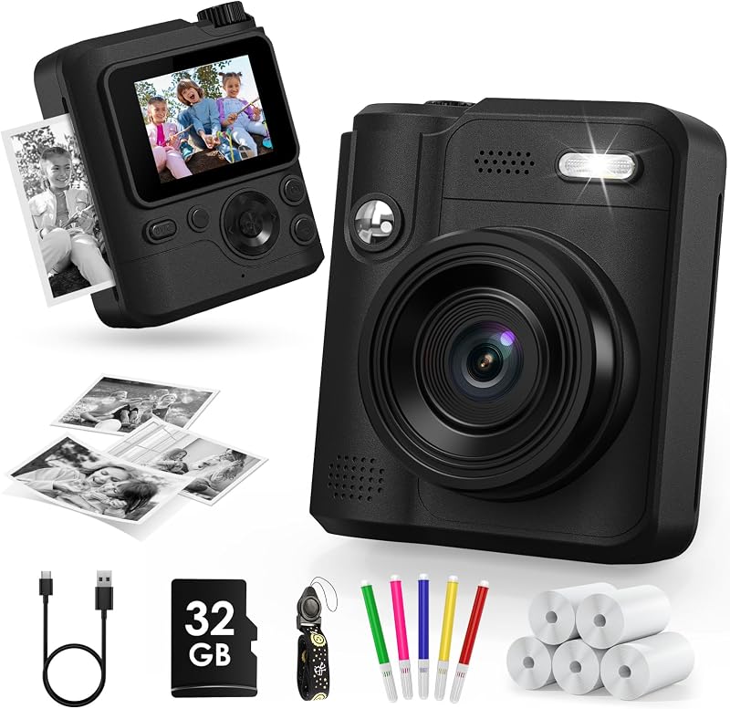 Gofunly Camara Fotos Infantil Instantanea, 2,0" 1080P Camara Fotos Infantil con Tarjeta de 32GB y Papel Fotografia, Juguete Cámara Instantánea Regalos para Niños y Niñas de 3-12 Años (Negro)
