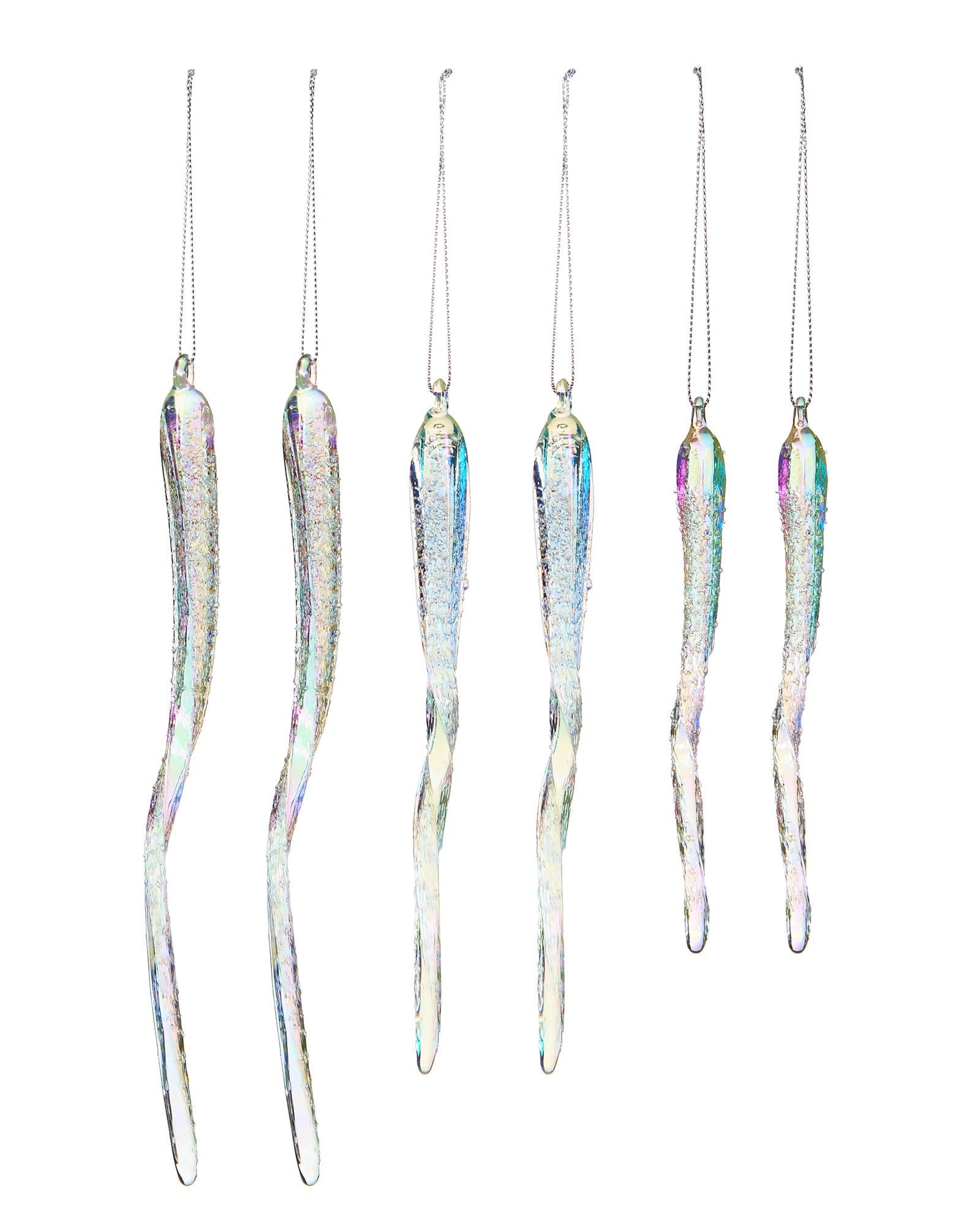 Frosted Iridescent Glass Icicles – Set of 6 Christmas Tree Decorations, 15–25 cm