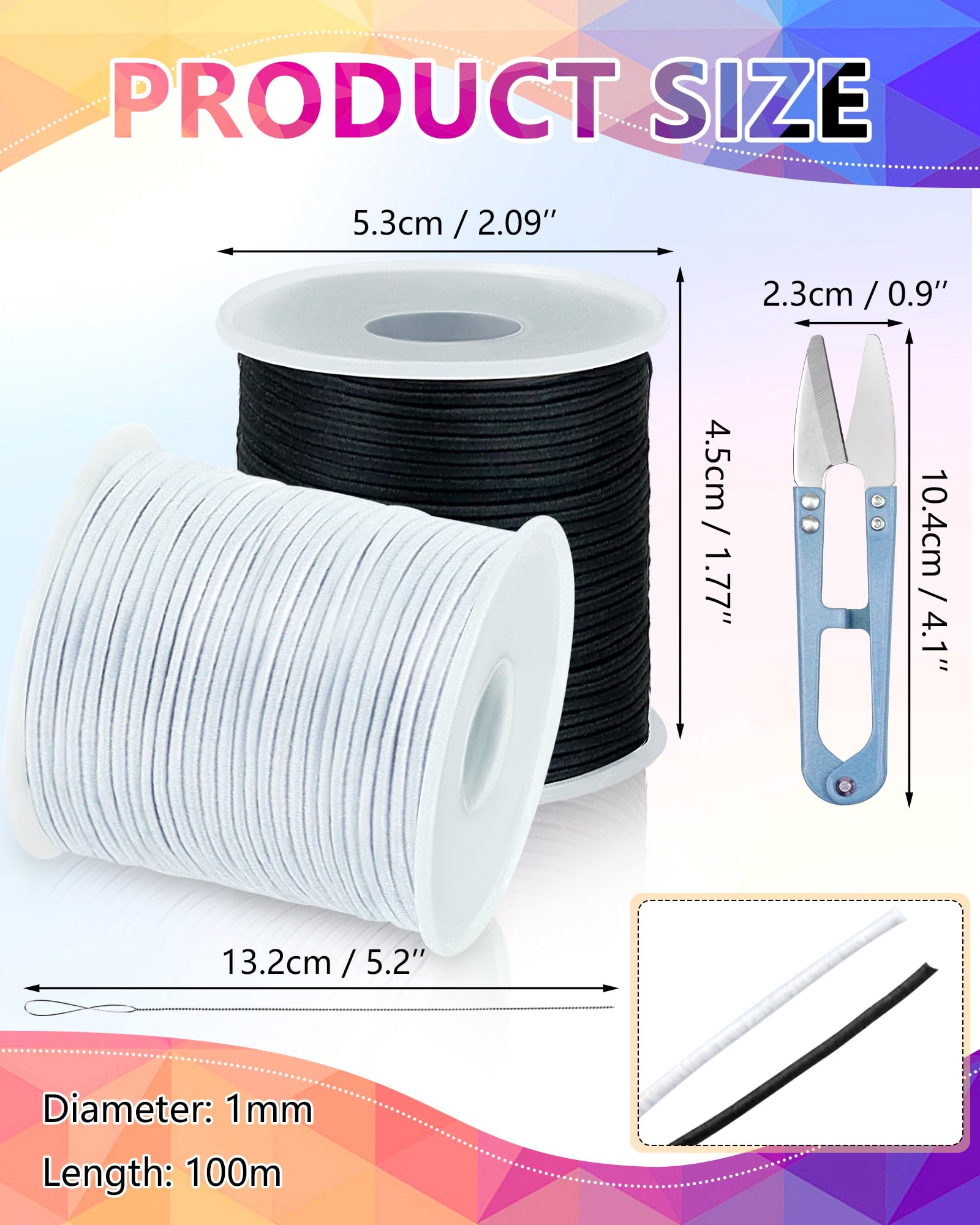 FIVEIZERO Cuerda elástica blanca y negra, 1 mm, 2 rollos de cordón elástico para pulseras, collares, joyería y manualidades (1 rollo/100 m negro + 1 rollo/100 m blanco)