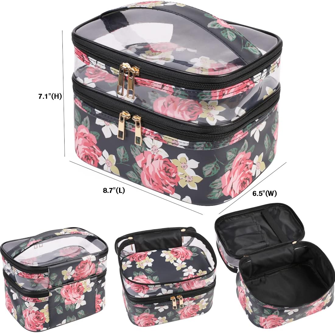 FITINI Makeup Bags Double Layer Travel Storage Cosmetic Cases Make up Organizer Toiletry Bags Water-resistant for Women Makeup Brush Bag,Black Peony - Image 2