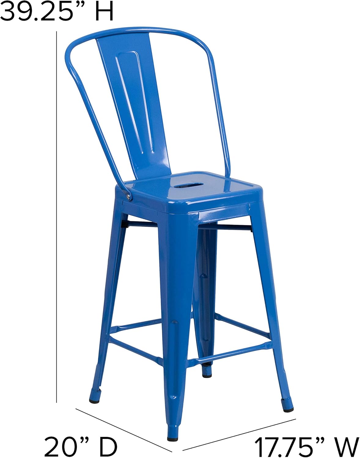 BizChair Commercial Grade 24" H Blue Metal Indoor-Outdoor Counter Height Stool w/Back