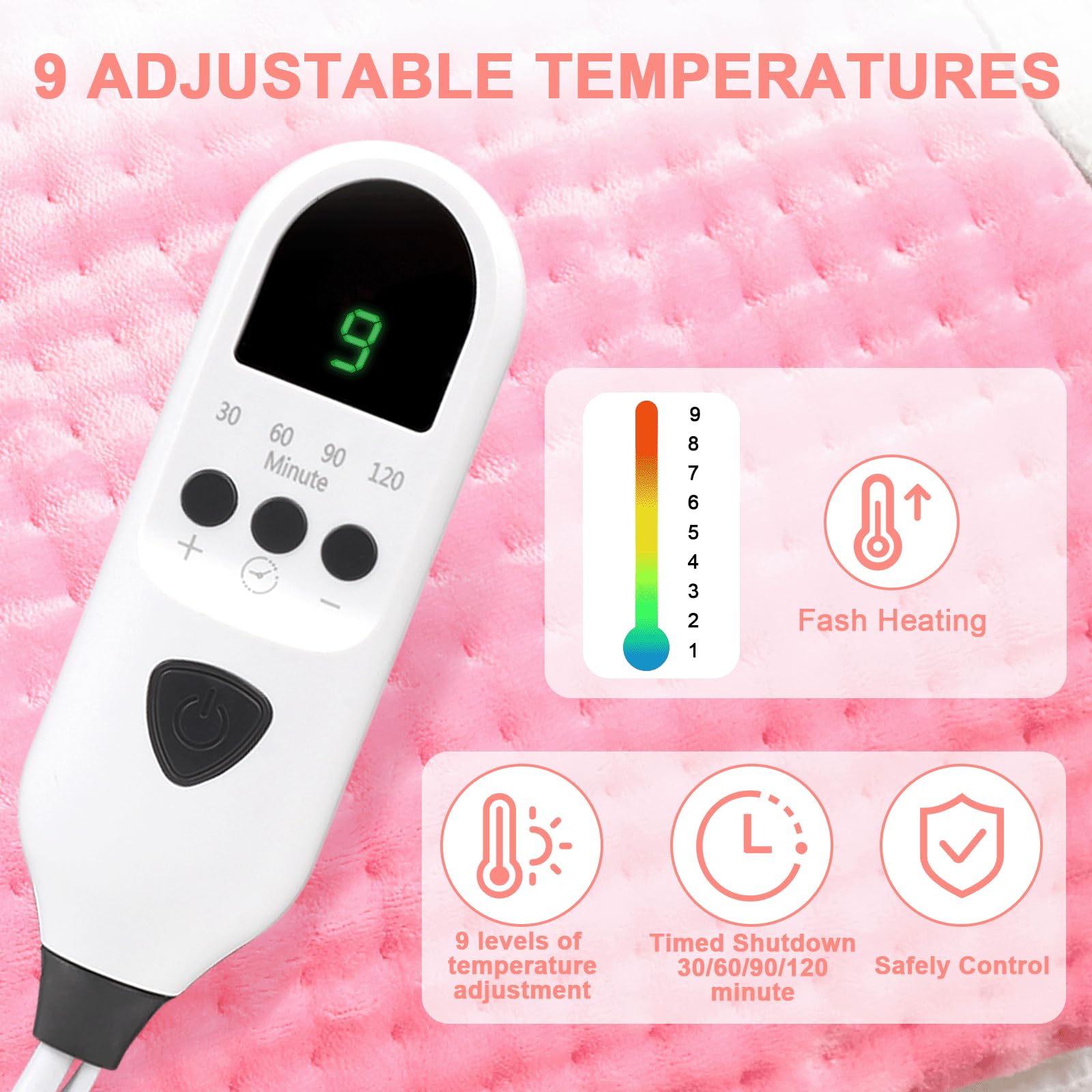 Dechoga Tappetino riscaldante in flanella a doppio strato, regolatore di temperatura a 9 passaggi e 4 timer, lavabile in macchina, morbido e pro-pelle, per collo, spalle (Rosa, 30x60cm)