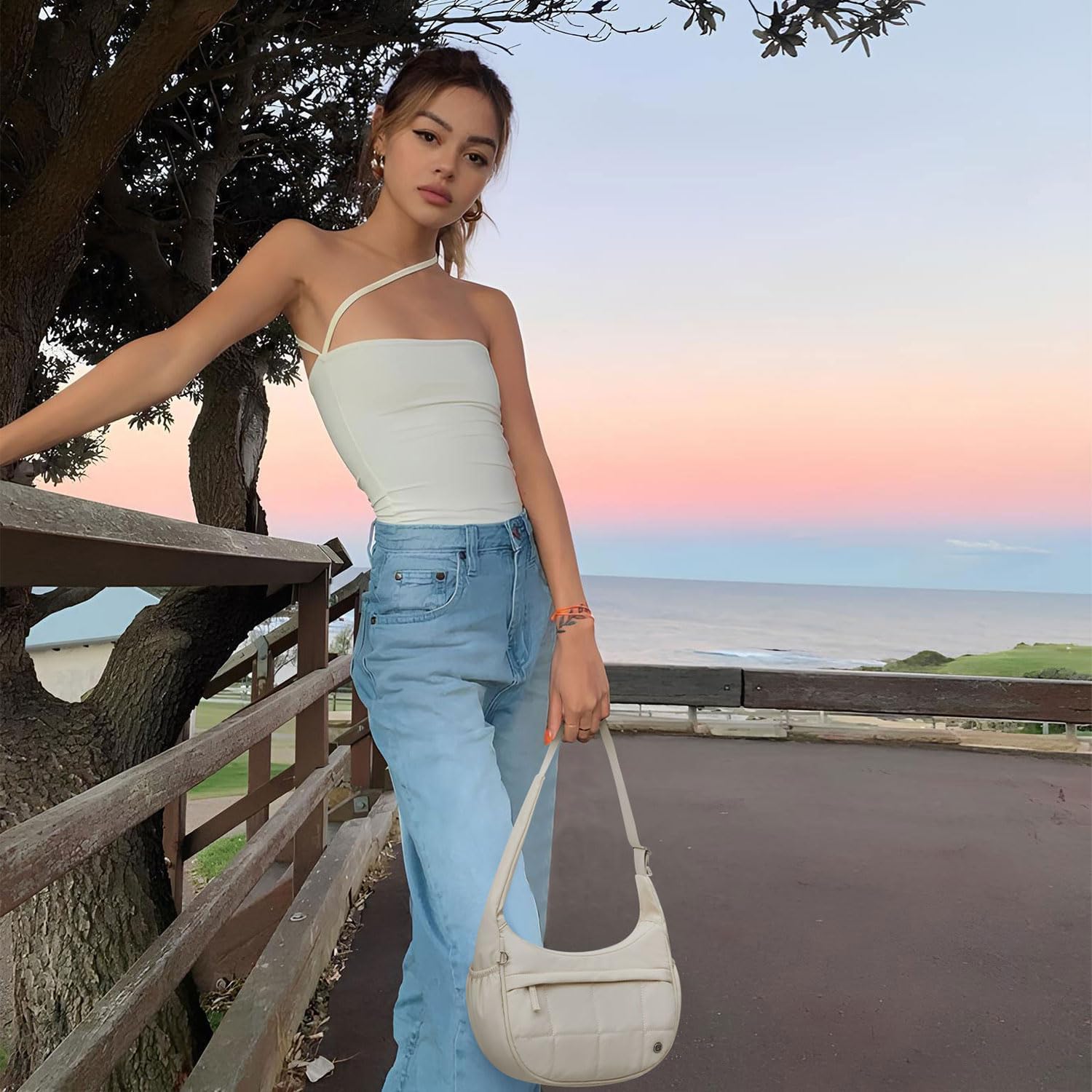 POIUGOYA Nylon Shoulder Bag For Women,Small Quilted Crescent Bag,Triple Zip Pocket Small Puffer Bag For Travel/Fitness - Image 2