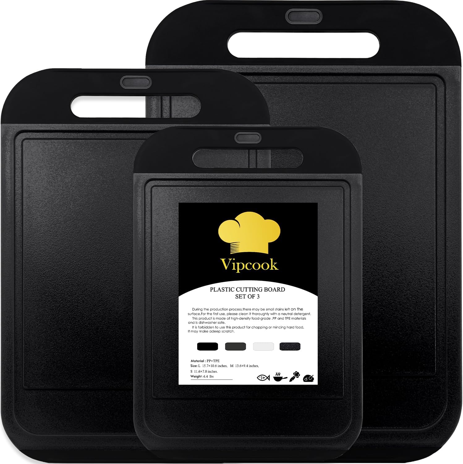 Plastic Cutting Boards for Kitchen 3Pcs Set Larger Chopping Board Dishwasher Safe with Easy Grip Handle Juice Grooves 100% BPA Free Non-Slip Knife friendly Meat, Vegetables,Fruit (Black)