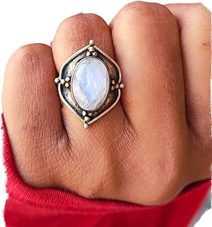Moonstone Ring| 925 Sterling Silver Plated| June Birthstone Ring| Blue Flash ~ Moonstone Jewelry| Statement Ring| Oval Stone Ring| Handmade Ring| Rainbow Moonstone Gemstone Ring| Women Gift Ring