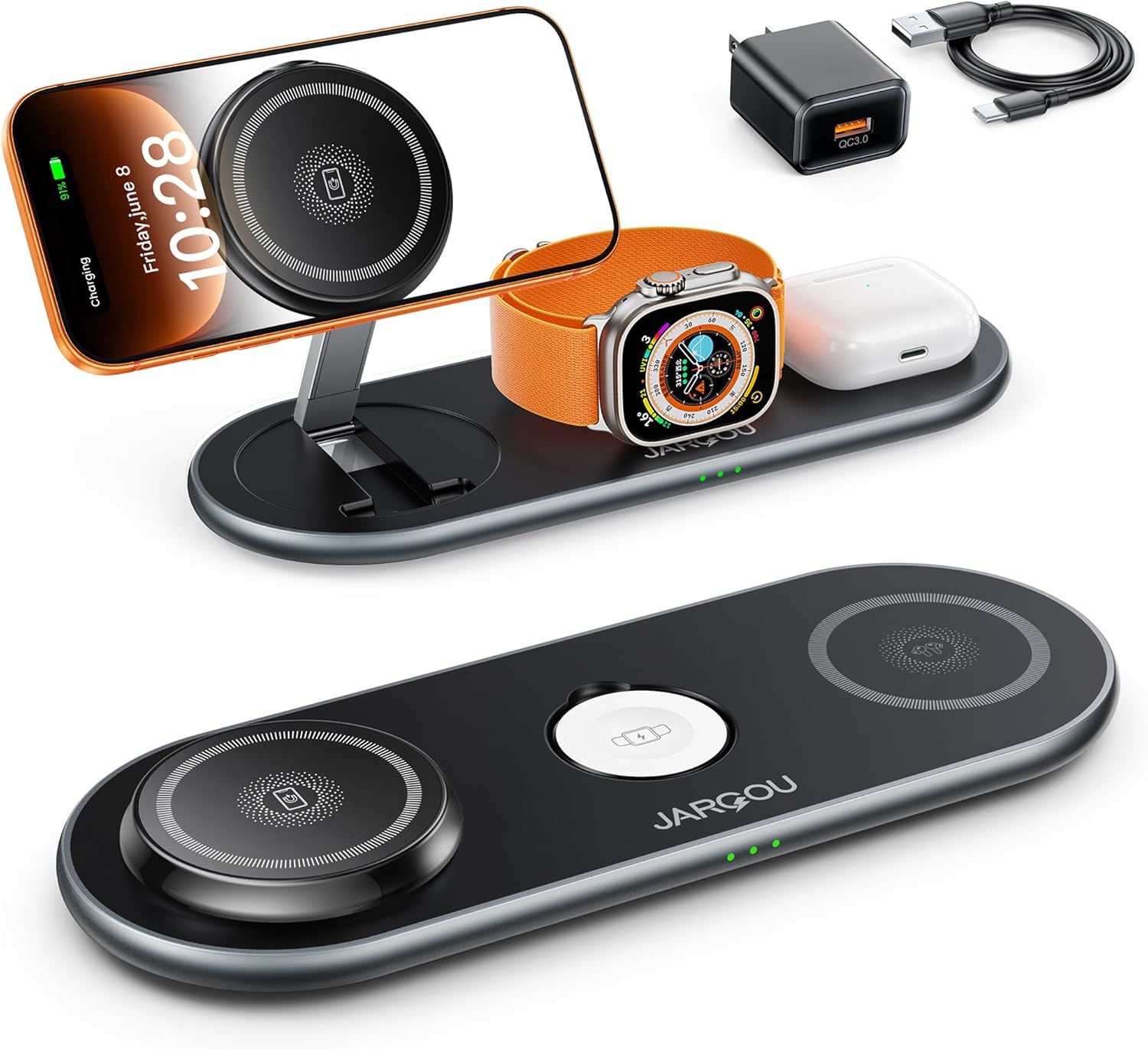 3 in 1 Charging Station for Apple, Charging Station for Multiple Devices with Magsafe Charger Stand, Wireless Charger for iPhone 17 Air 16e 16 15 14 13 12, for iWatch, for AirPods