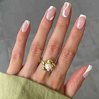 24 PCS Press on Nails White Striped Fake Nails White Edge Fake Nails Short Fake Nails Wearable Fake Nails Glossy Fake Nails DIY Fake Nails Acrylic Full Coverage Fake Nails Gifts for Women and Girls