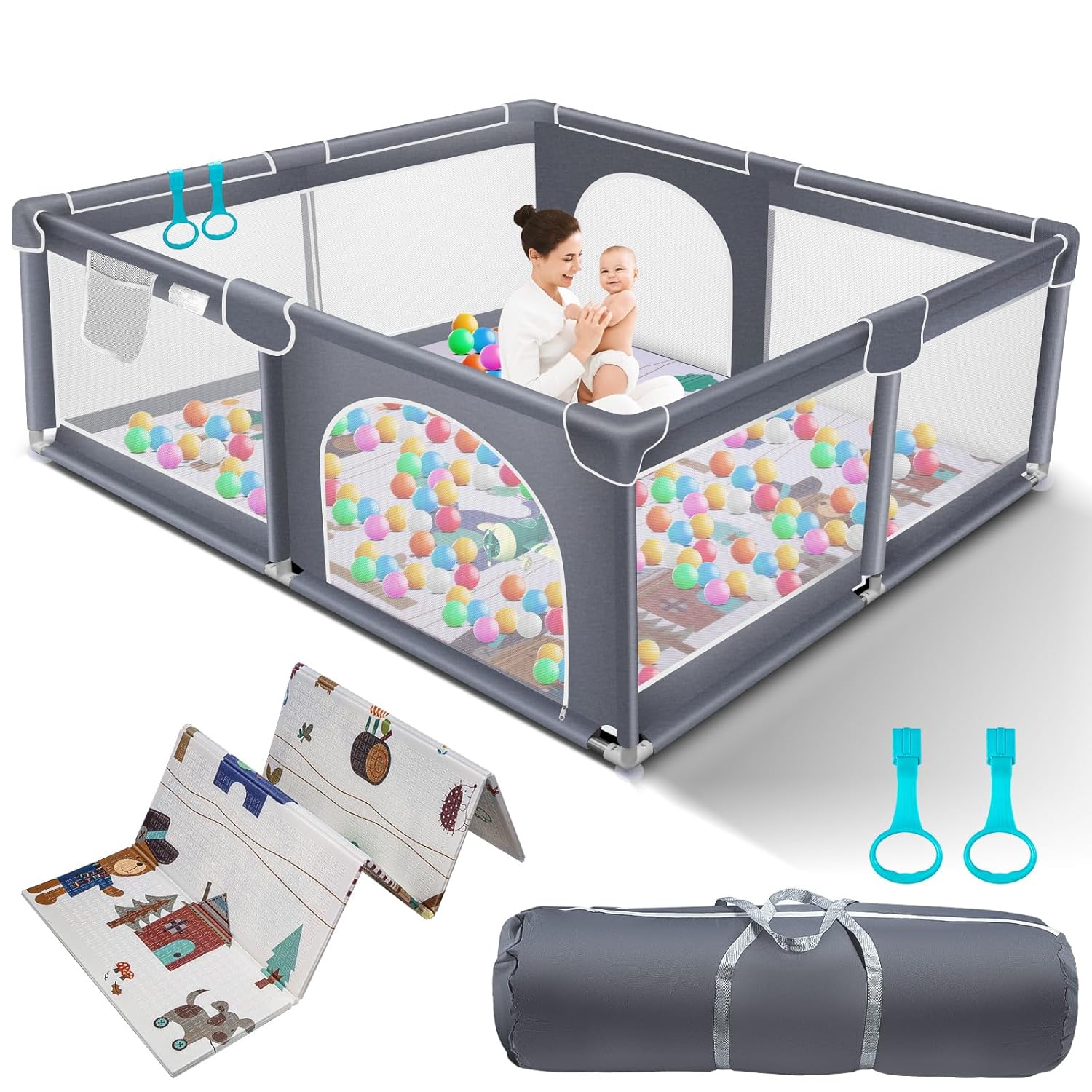 Suposeu Baby Playpen with Mat, 71"x59" Extra Large Playpen for Babies and Toddlers, Indoor & Outdoor Play Yard, Sturdy Safety Fence with Soft Breathable Mesh, Grey Grey+ Mat 71”×59”