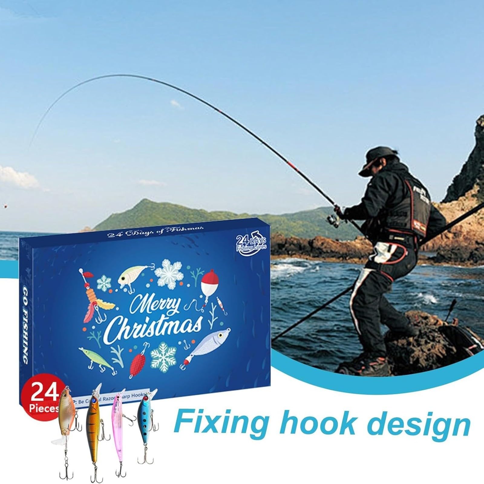 Calendario de Adviento de Navidad 2024 para adultos, hombres, adolescentes y niños, 24 días de Navidad, cuenta regresiva, señuelo de pesca, juego de aparejos de pesca sorpresa de Navidad, regalo para