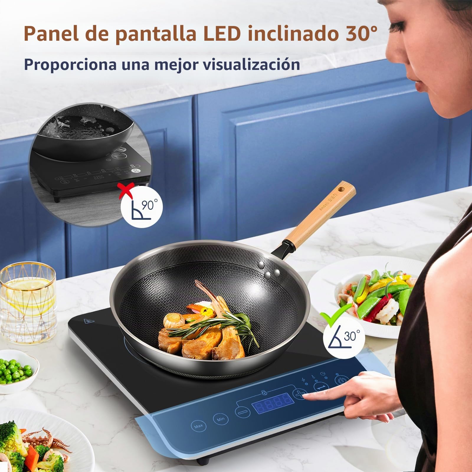 Aigostar BlueFire 30PKZ- Placa de inducción portátil, 2000 W, control táctil, 10 niveles de potencia, temporizador, pantalla digital LED. Para recipientes entre 13 y 24 cm diámetro.