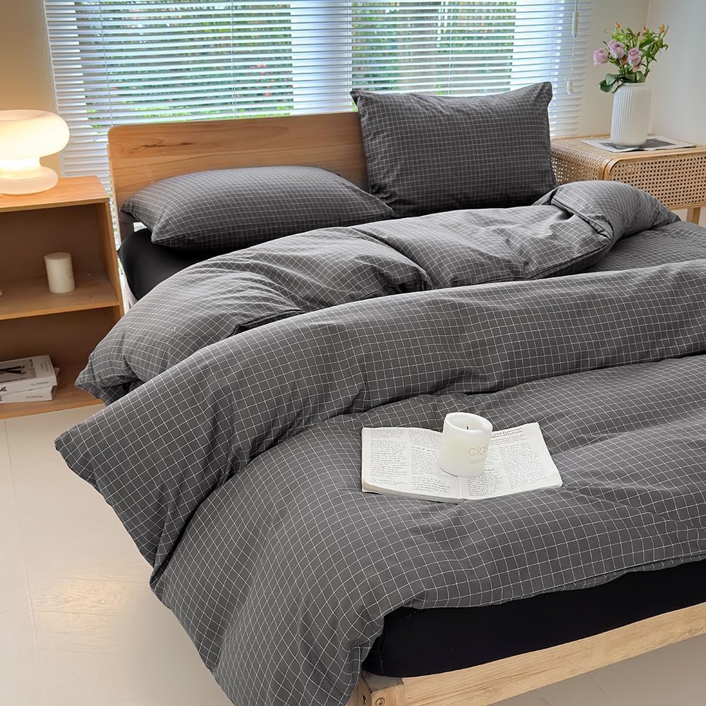 NSNLGSGC Double Duvet Cover Set, Plaid Duvet Cover Double Bed and 2 Pillowcases Bedding Set Easy Care 200 x 200 cm Dark Grey Grid - Image 3