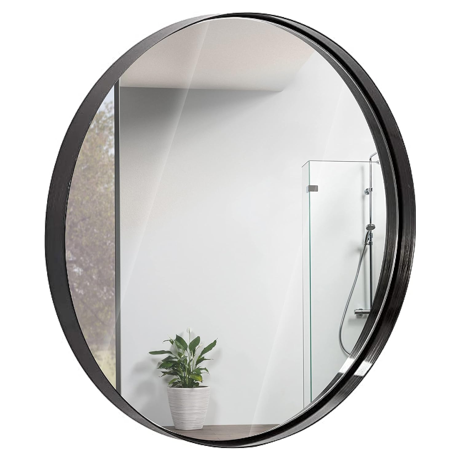 Hamilton Hills 24 inch Large Black Round Mirror Brushed Metal Framed | Contemporary Classic Deep Set Design | Wall Mount Circle Mirror for Home Decor | Round Vanity Mirror for Bathroom and Bedroom 24" Black