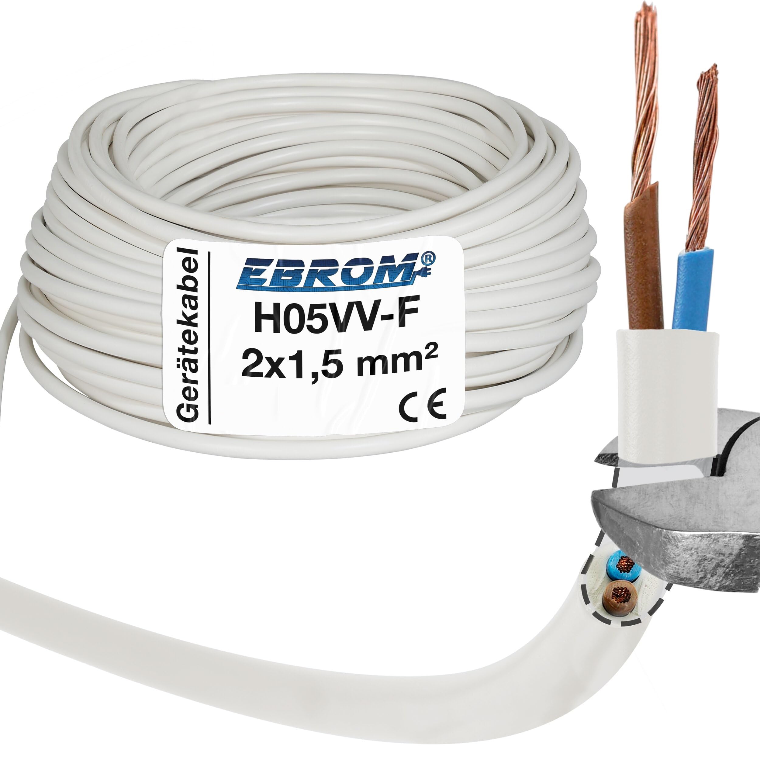 EBROM Câble souple en plastique rond, câble électrique, câble de courant, câble de connexion, câble pour appareils H05VV-F 2x1,5 mm² - Couleur : blanc - Plusieurs longueurs par pas de 5 mètres jusqu'à