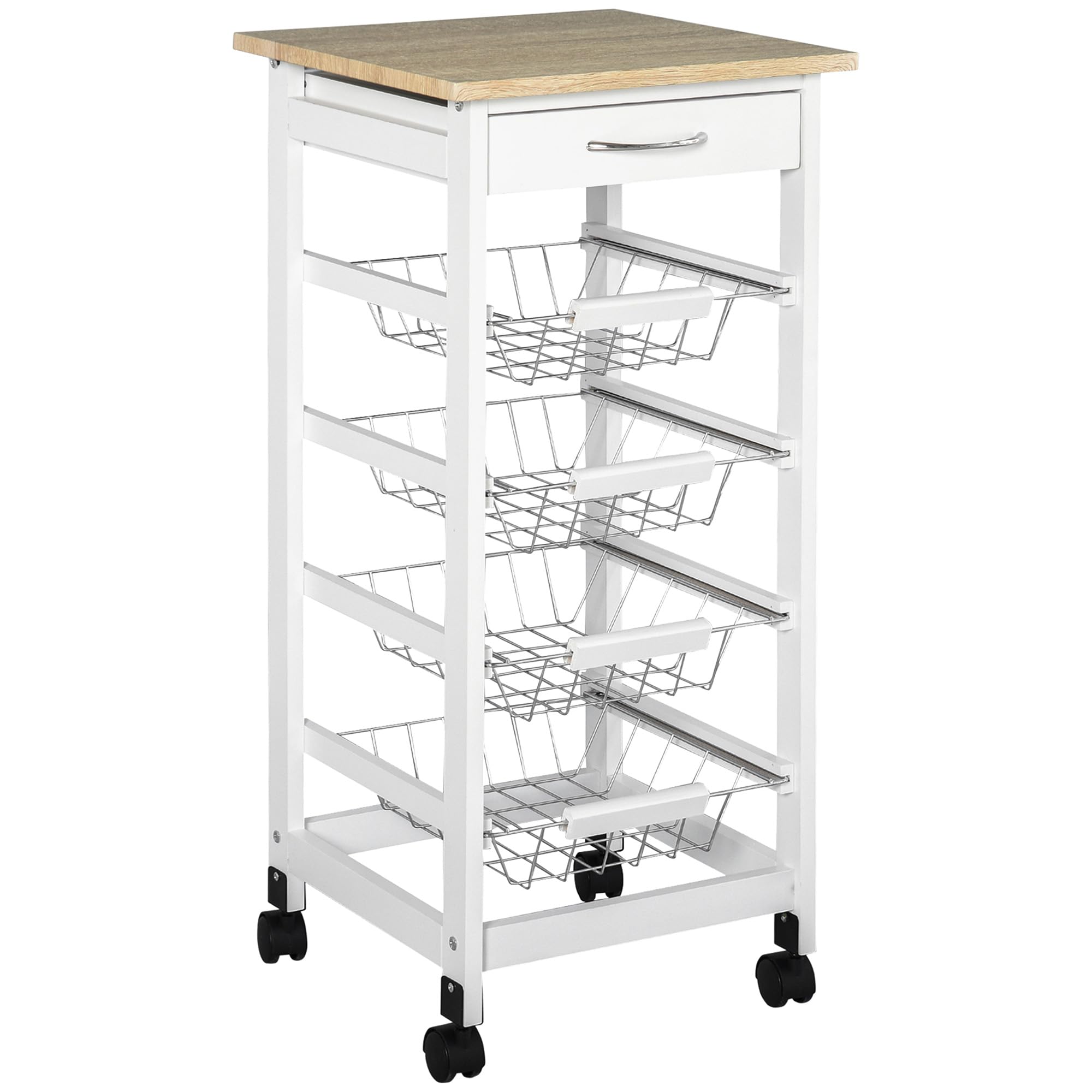 HOMCOM Desserte Cuisine à roulettes, 4 Paniers Métal + Tiroir, Blanc | Chariot de Cuisine, Chariot de Service, Rangement Légumes, Petit Espace, Salle de Bain, Bois de Pin