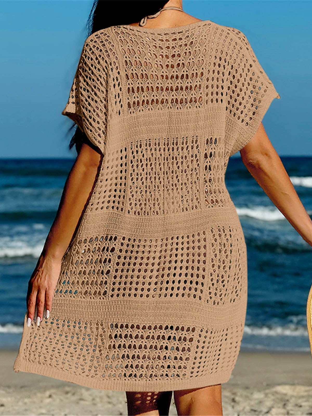 Copricostume Donna Sexy manica corta scava fuori tunica lavorata a maglia all'uncinetto Copricostume da spiaggia Copricostume Abito da spiaggia Abbigliamento da spiaggia Abbigliamento da spiaggia Donn