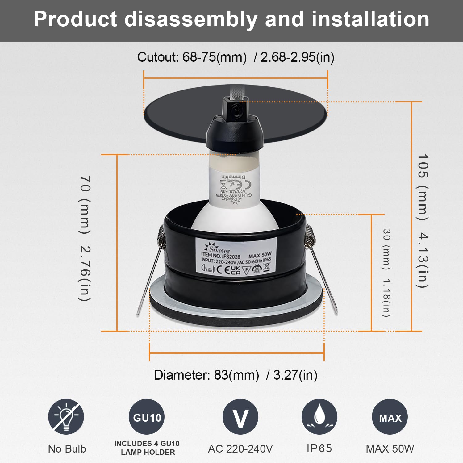 IP65 Einbaustrahler LED 5W, GU10 Deckenspots für Badezimmer Feuchtraum Wasserdichte, Einbauleuchten LED Spots 230v 68-75mm Lochmass(Ohne Lampe) 4er Set Schwarz