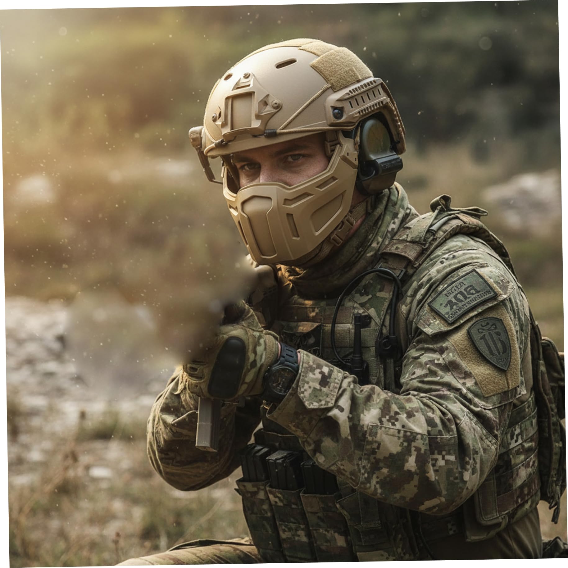 Protection du Visage Airsoft, Masque intégral Airsoft, Demi-Bouclier Compatible avec Casque avec Zone de Protection de 11 cm pour Les activités Plein air (Argile)
