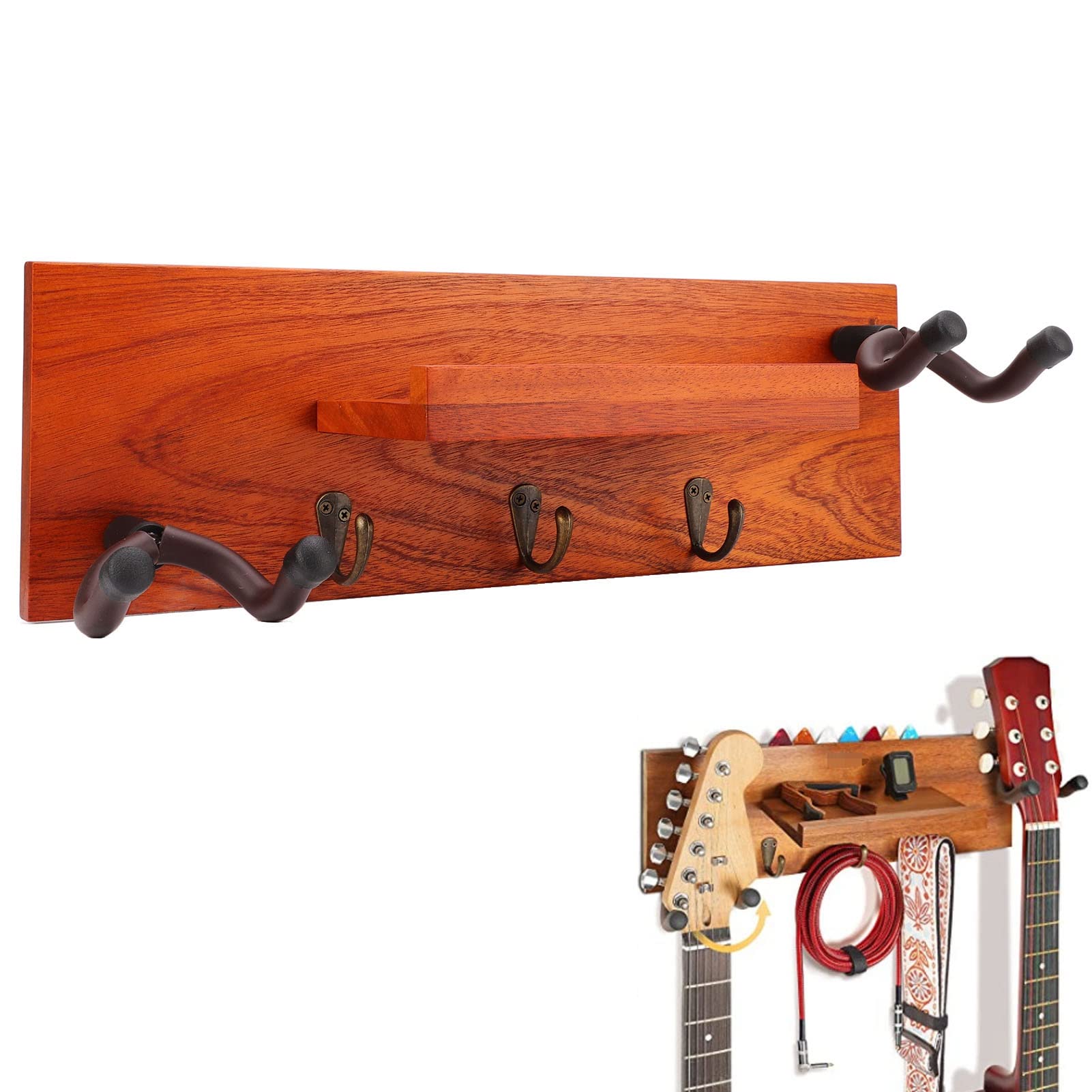 Soporte de pared para guitarra |Estante multifunción 4 en 1 para guitarras acústicas/eléctricas/clásicas |Perchero con estructura de hierro y madera maciza con acolchado de