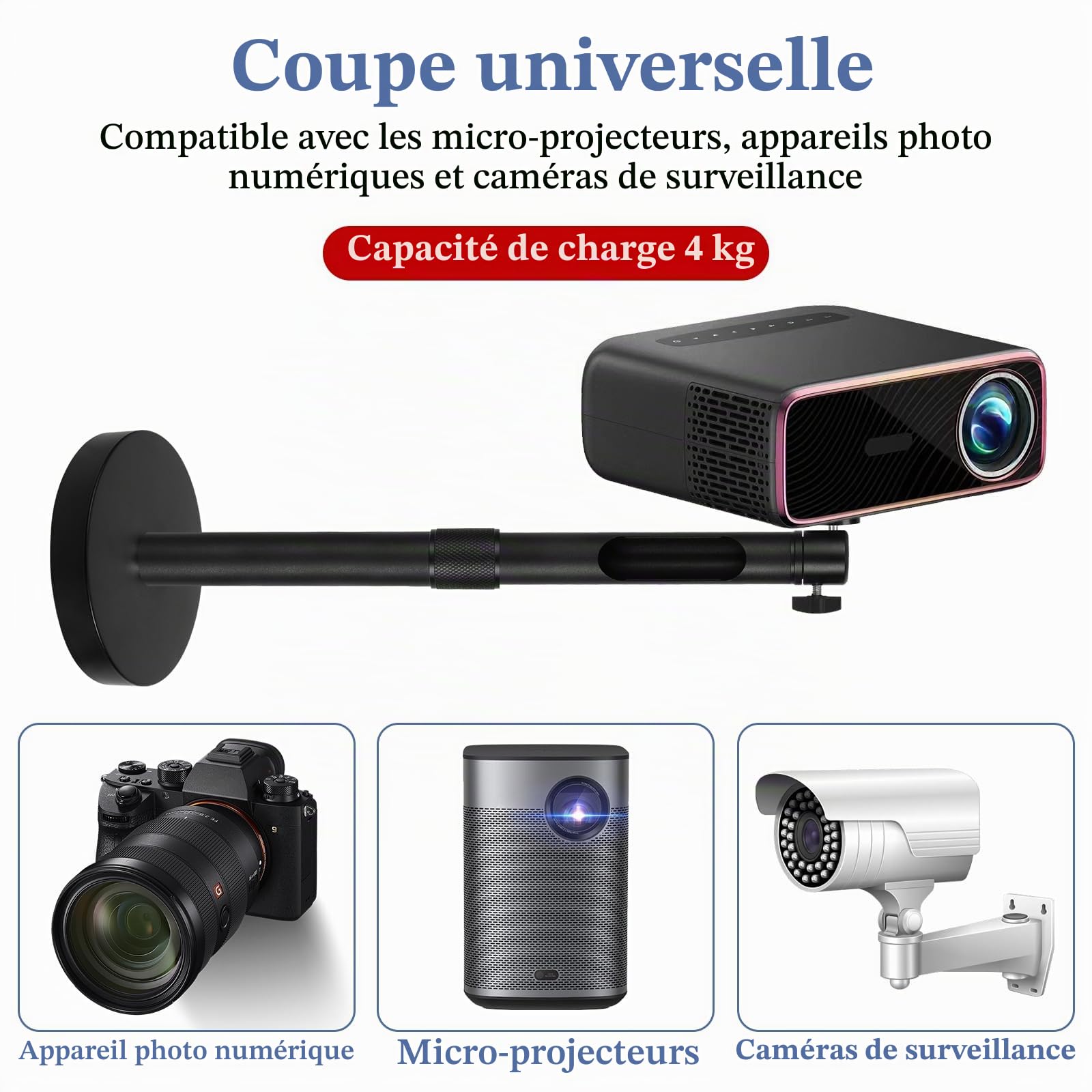 Support de Plafond Videoprojecteur, Support Vidéoprojecteur, Hauteur Réglable, Support de Projecteur Plafond, Rotation à 90° 360°, Support de Plafond Universel pour Vidéo-Projecteur Vis 1/4 de Pouce