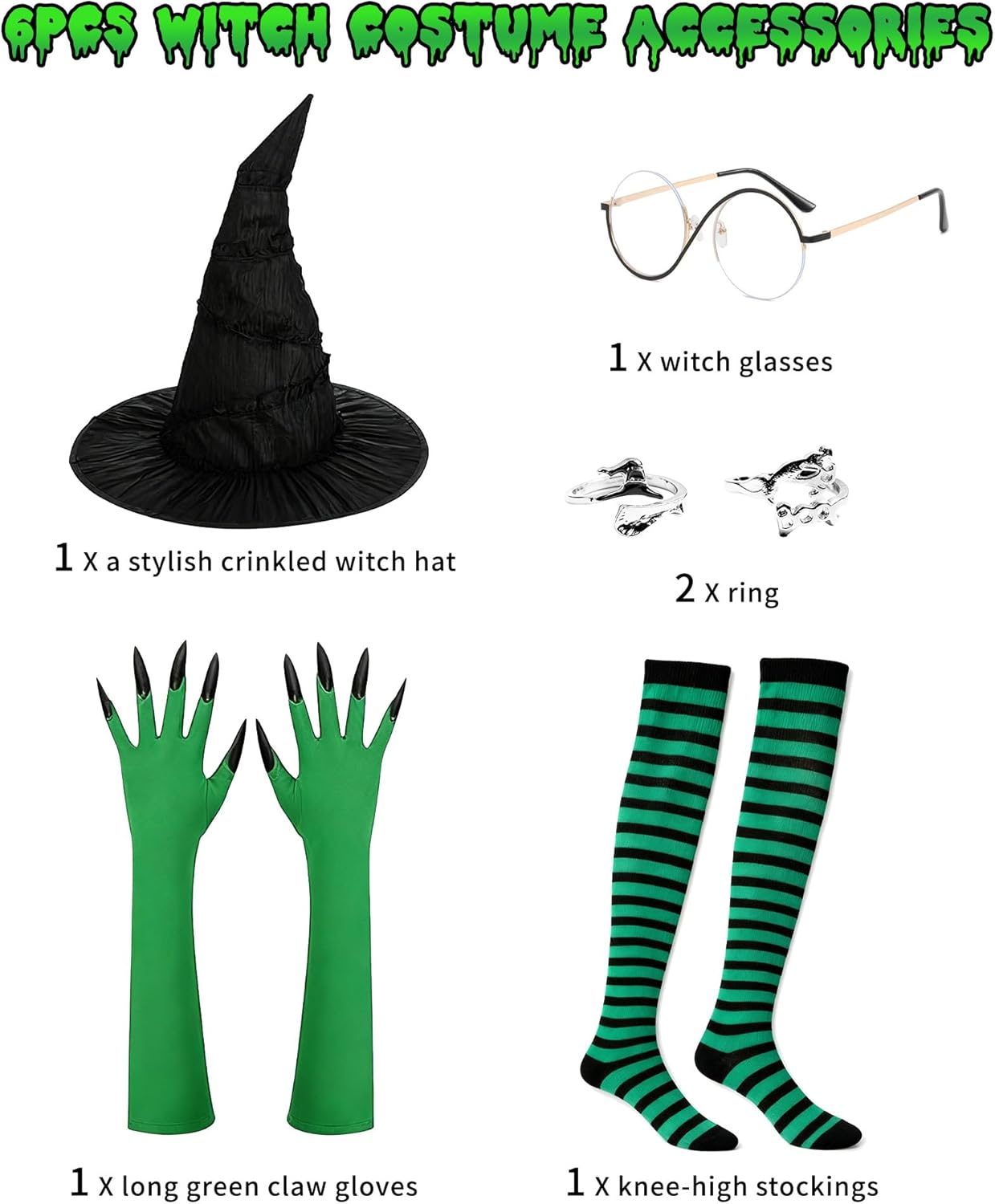 Witch Costume Set for Women Girls 6PCS Halloween Wicked Witch Costume Accessories with Hat Glasses Green Gloves Socks Ring Adult Halloween Costume Accessories for Cosplay Fantasy - Image 2