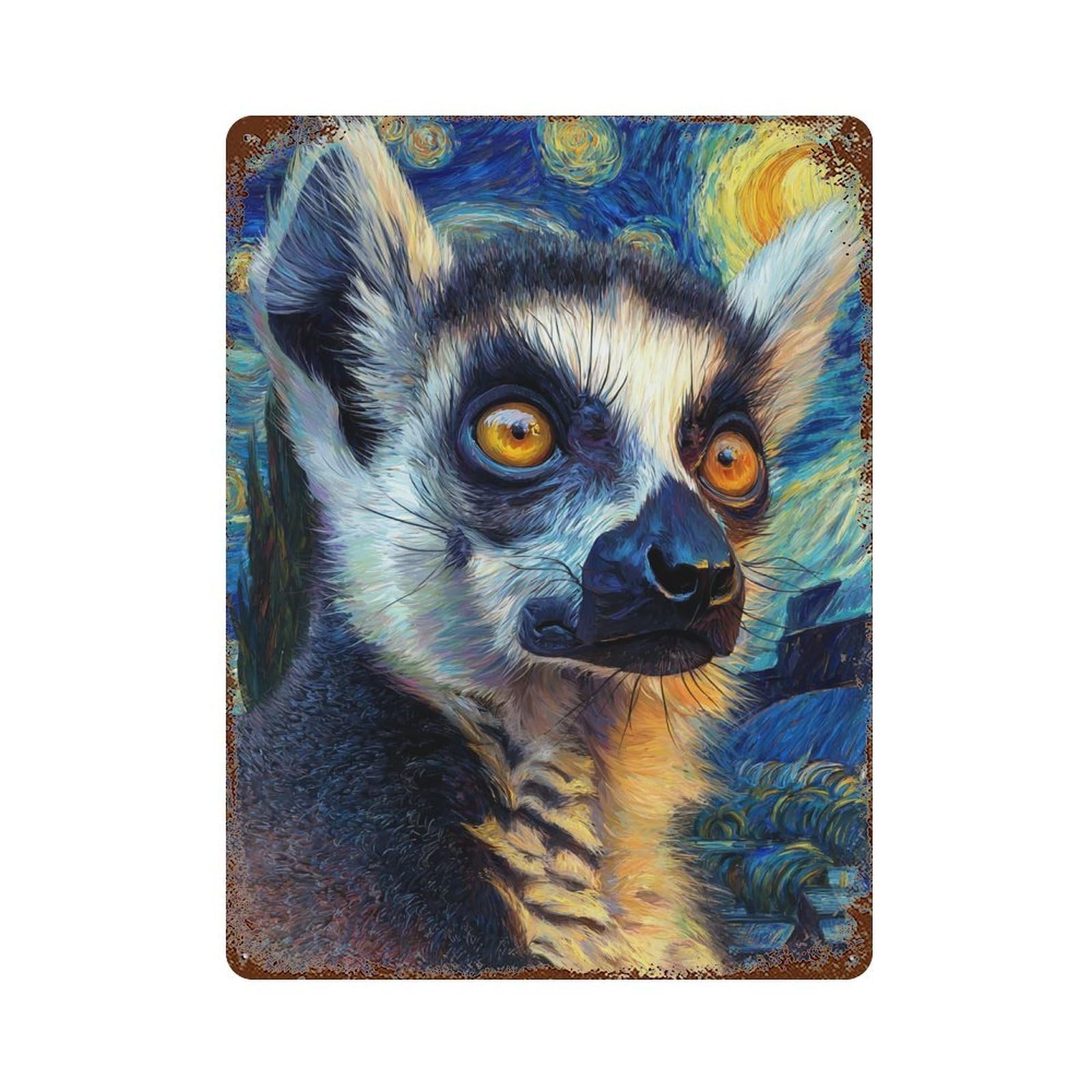 Starry Night Lemur Art Print -1 Weathered Tin Sign 15.7"x11.8", Decorative Metal Wall Art for Garage, Bar And Workshop Decor