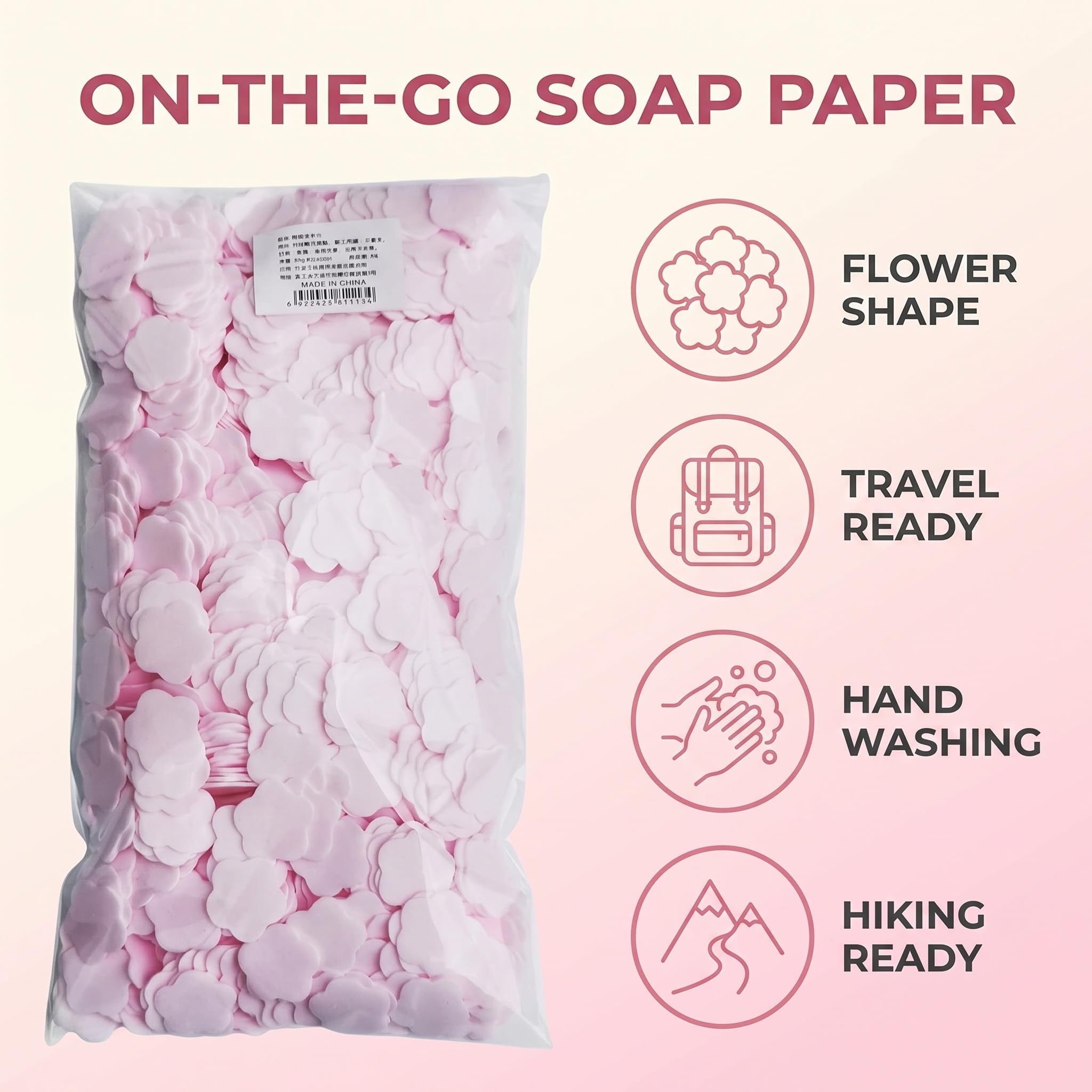1000 Blatt rosa tragbare Einweg-Papierseife, tragbar, für Reisen, Wandern, Waschen, Handbad, Toilettenartikel, Seifen, Blätter, tragbare sanfte Seifen für Kinder, Frauen, Fuß- und