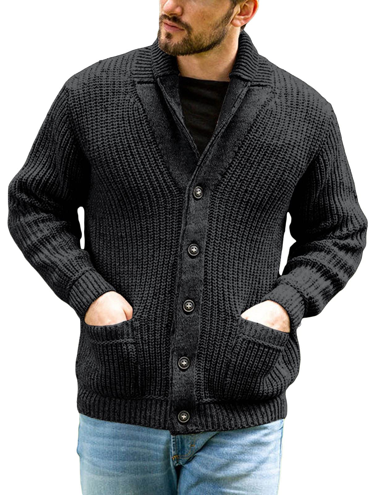 Runcati Chaqueta de punto grueso para hombre, informal, cuello chal, manga larga, con botones, jersey de punto