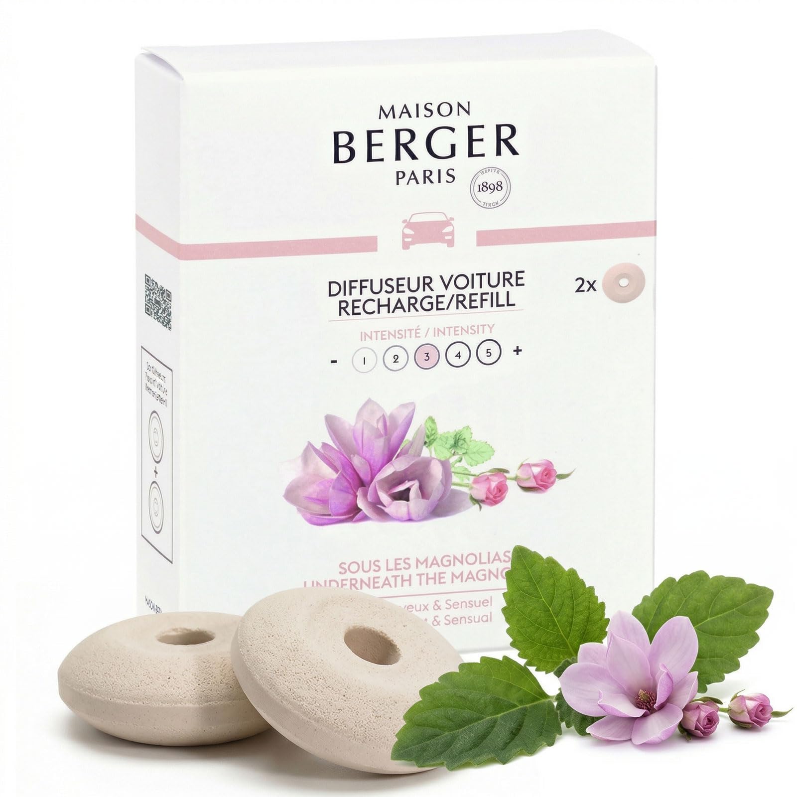 Maison Berger Luxury Car Diffuser Refill Set Underneath The Magnolias – Pack of 2 Ceramic Refills, 4-6 Week Passive Diffusion, Made in France