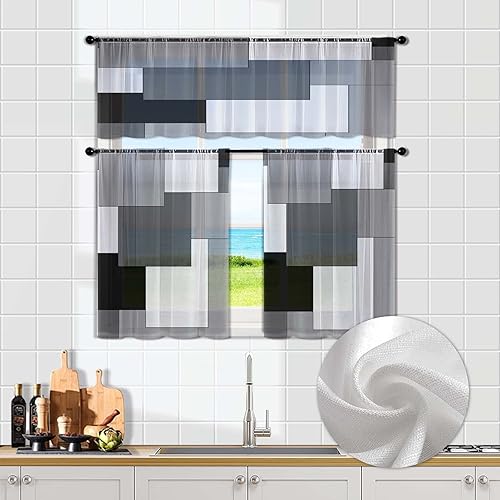 MCALK Juego de 3 cenefas y cortinas transparentes para cocina, color gris, decoración artística y de moda para ventanas de cocina abstractas grises