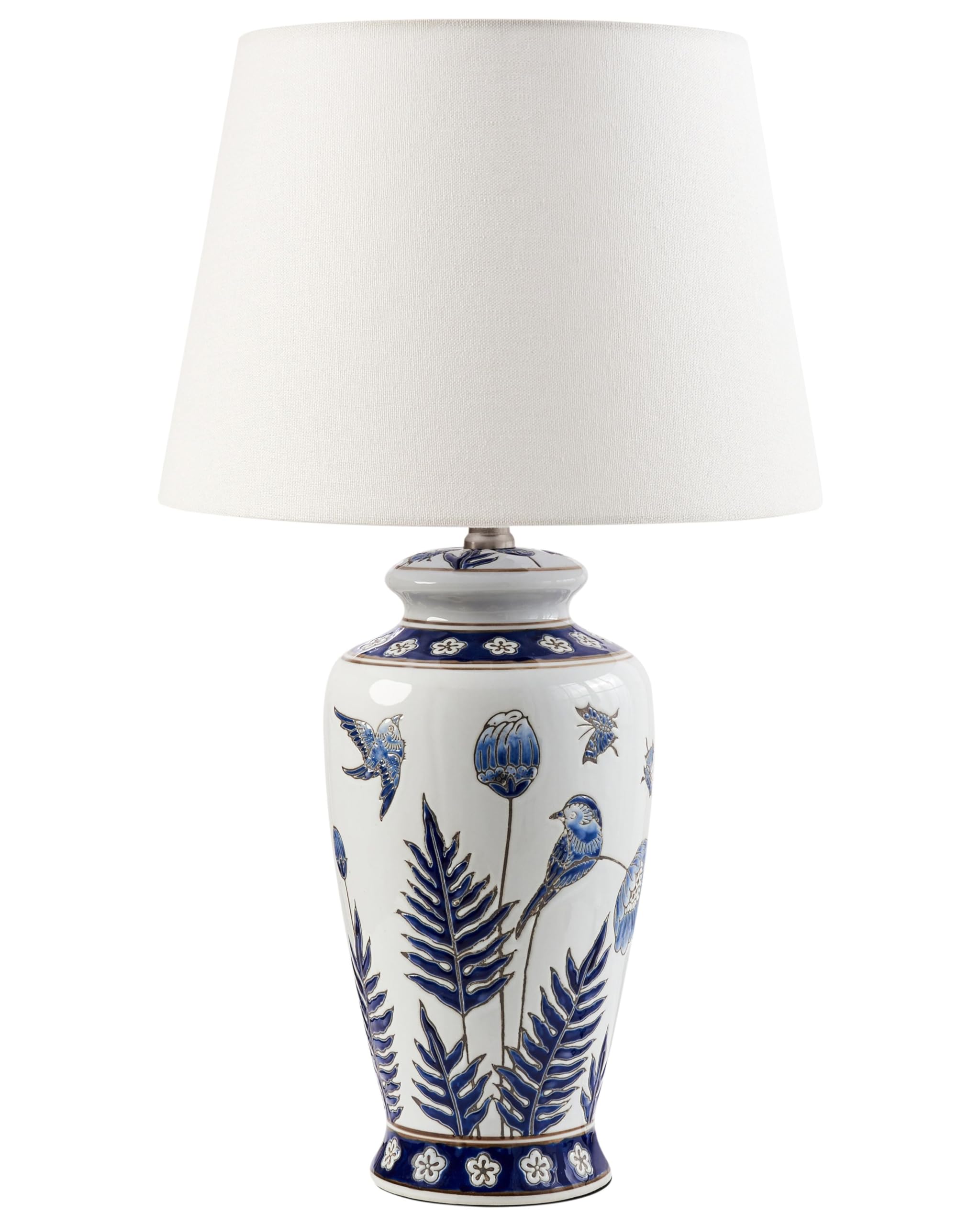 Beliani White/ Blue Table Lamp Porcelain Base Drum Linen Fabric Shade E27 Living Room Bedroom, Bijela