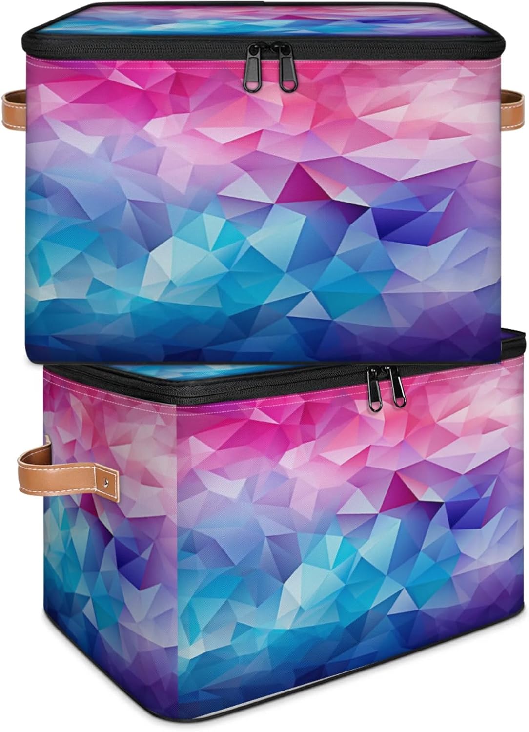 Storage Bin Set of 2 Geometric Storage Basket with Zipper Lid & Handle Foldable Closet Shelf 2 Pack Cloth Organizer Basket Cube Bins Clothes Organizer for Nursery, Bedroom