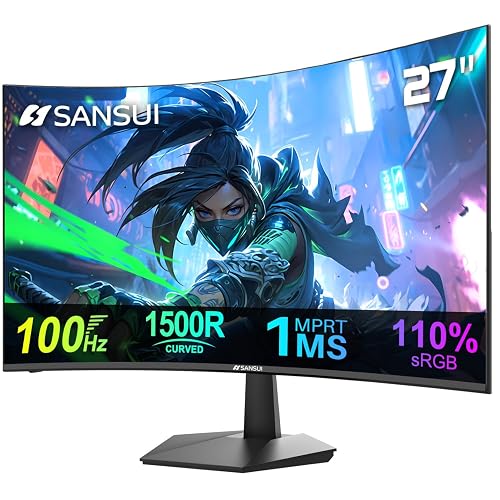 SANSUI Curved 27 Inch Monitor 100Hz Computer Monitor 1Ms FHD 1080P 1500R|110% sRGB|HDMI|VESA Compatible,for Tablet,Desktop,Laptop and PC Work Gaming - 27''/Curved 1500R/HDMI/100Hz