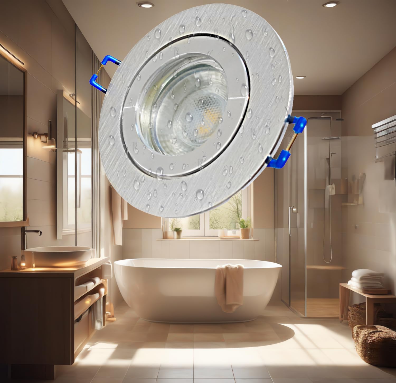 Rolux 4er Set LED Einbauleuchten 12V inkl. Trafo – IP44 für Bad & Küche – 3W 250lm 4000K Neutralweiß – Aluminium gebürstet mit Chromring – Ø 60–68 mm, 55 mm Einbautiefe – 120 cm AMP-Kabel je Spot