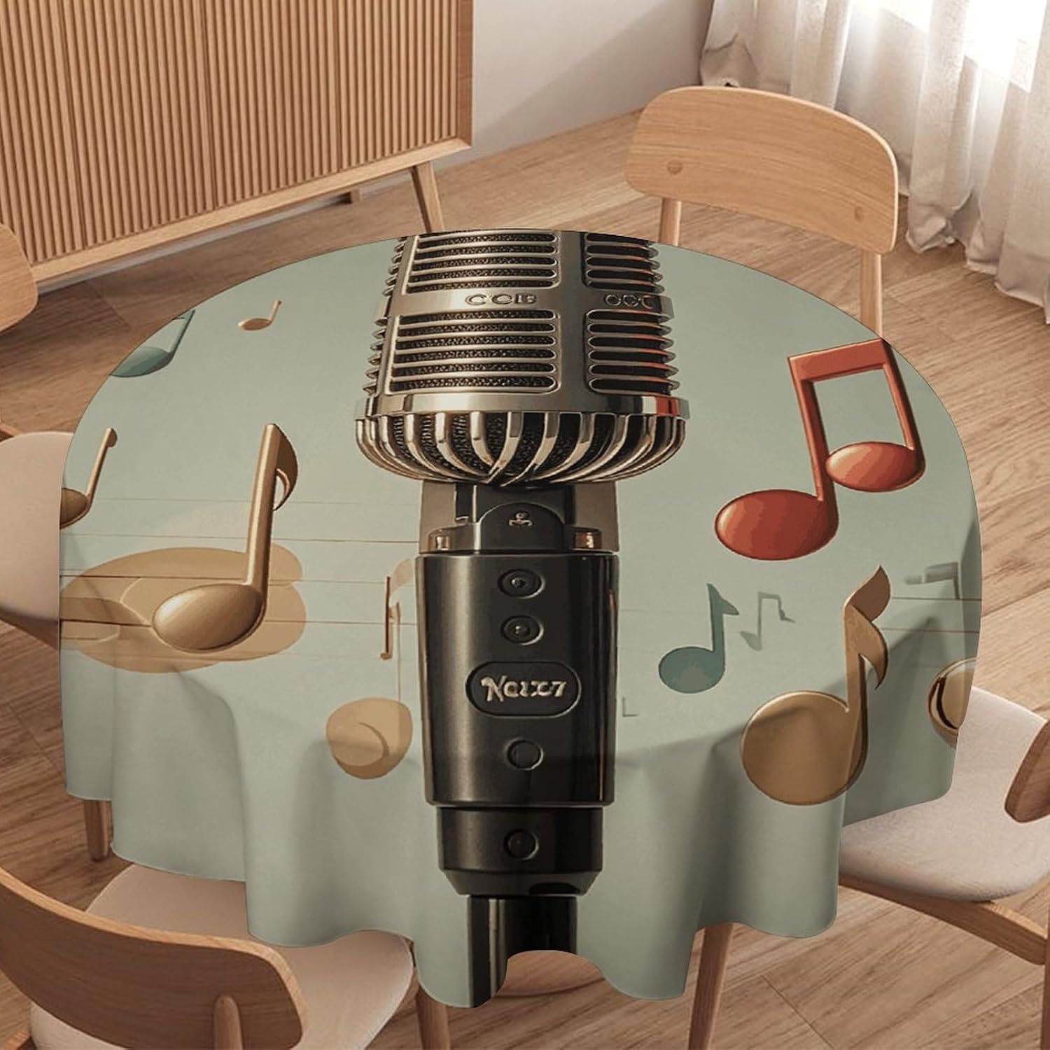 Microphone with Music Note Tablecloth for Wedding, Washable Table Cloth for Restaurant, Round Polyester Table Cover 36x36in for Party, Waterproof Tablecloth for Banquet, Holiday Decor image 4