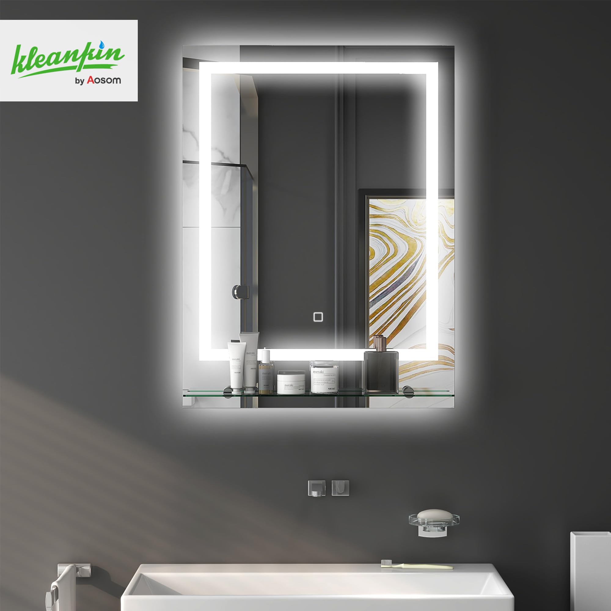 kleankin Miroir Lumineux LED rectangulaire Miroir Mural avec étagère de Salle de Bain 70 x 50 cm luminosité réglable Anti-buée Interrupteur Tactile