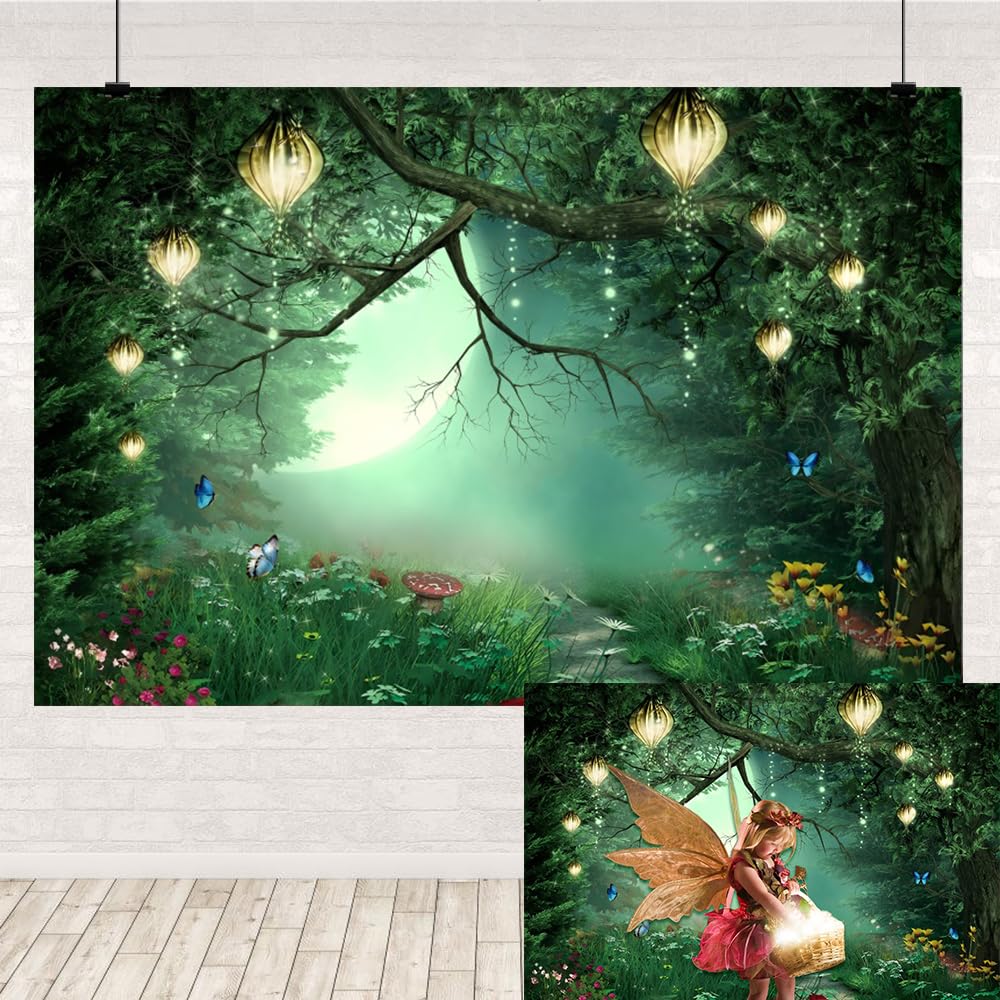 Enchanted Forest Backdrop Magic Misty with Road Fantasy Garden Spring Green Jungle Mushroom Flower Butterfly Background for Baby Shower Birthday Party Kids Portrait Shoot 10x7ft