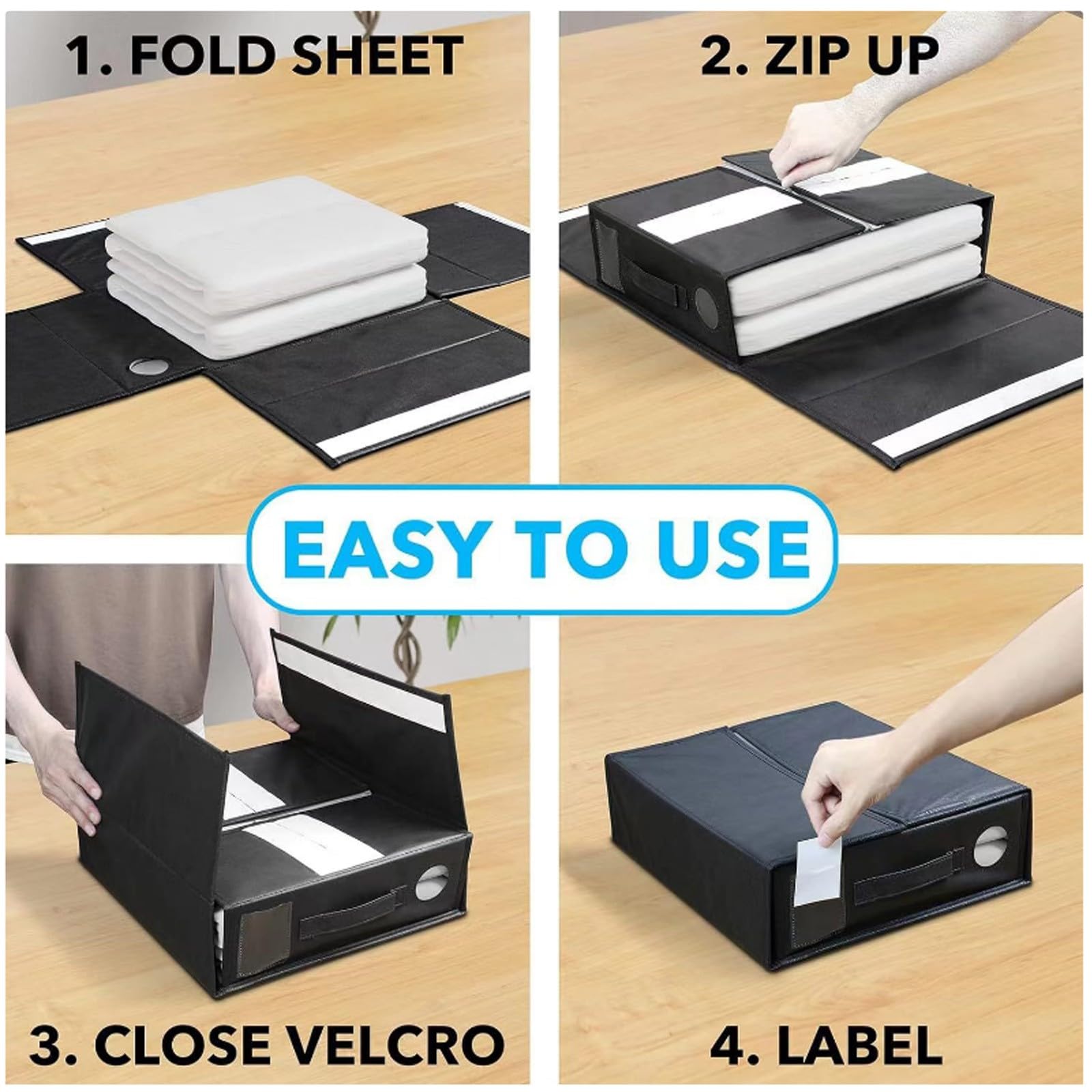 AHLOKI 4 Pack Pieghevole Organizzatore di Lenzuola, Tessuto Oxford con Finestra Trasparente ed Etichetta e Cerniera per Lenzuola, Copripiumini, Coperte, Cuscini, Vestiti e Asciugamani(Black)
