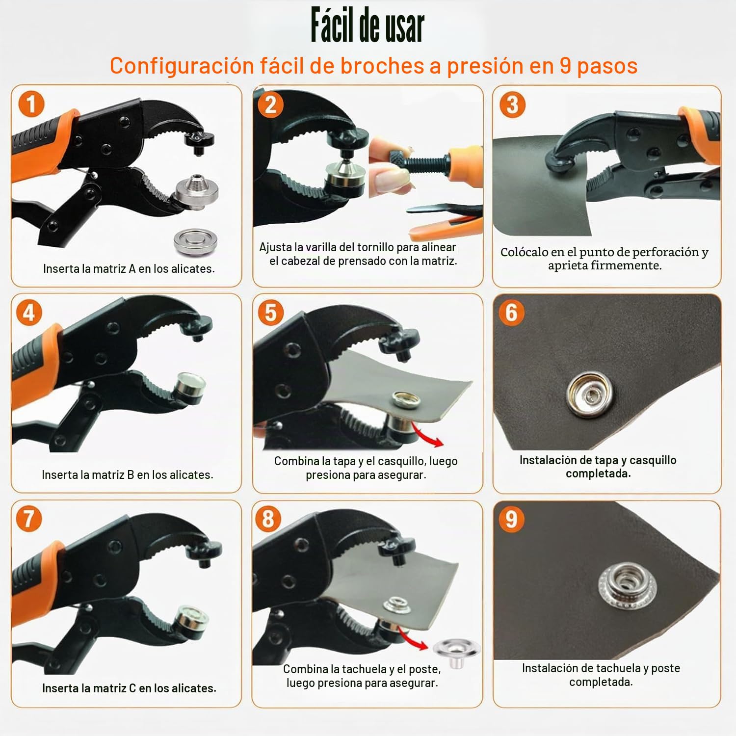 Corchetes de Presión Metálicos Kit - Alicates Ajustables con 3 Matrices Magnéticas, 100 Botones de 15mm para Cuero, Lona, Barcos, Ropa y Bricolaje