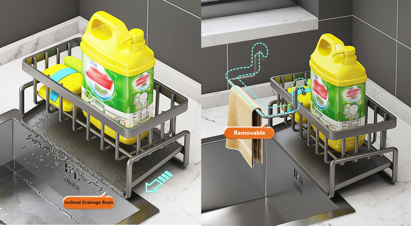 Panier Rangement Acier Inox Organisateur évier Cuisine KOTKMSXTSW - Porte éponge Avec Drainage - Acier Inoxydable Gris Support Chiffon Amovible