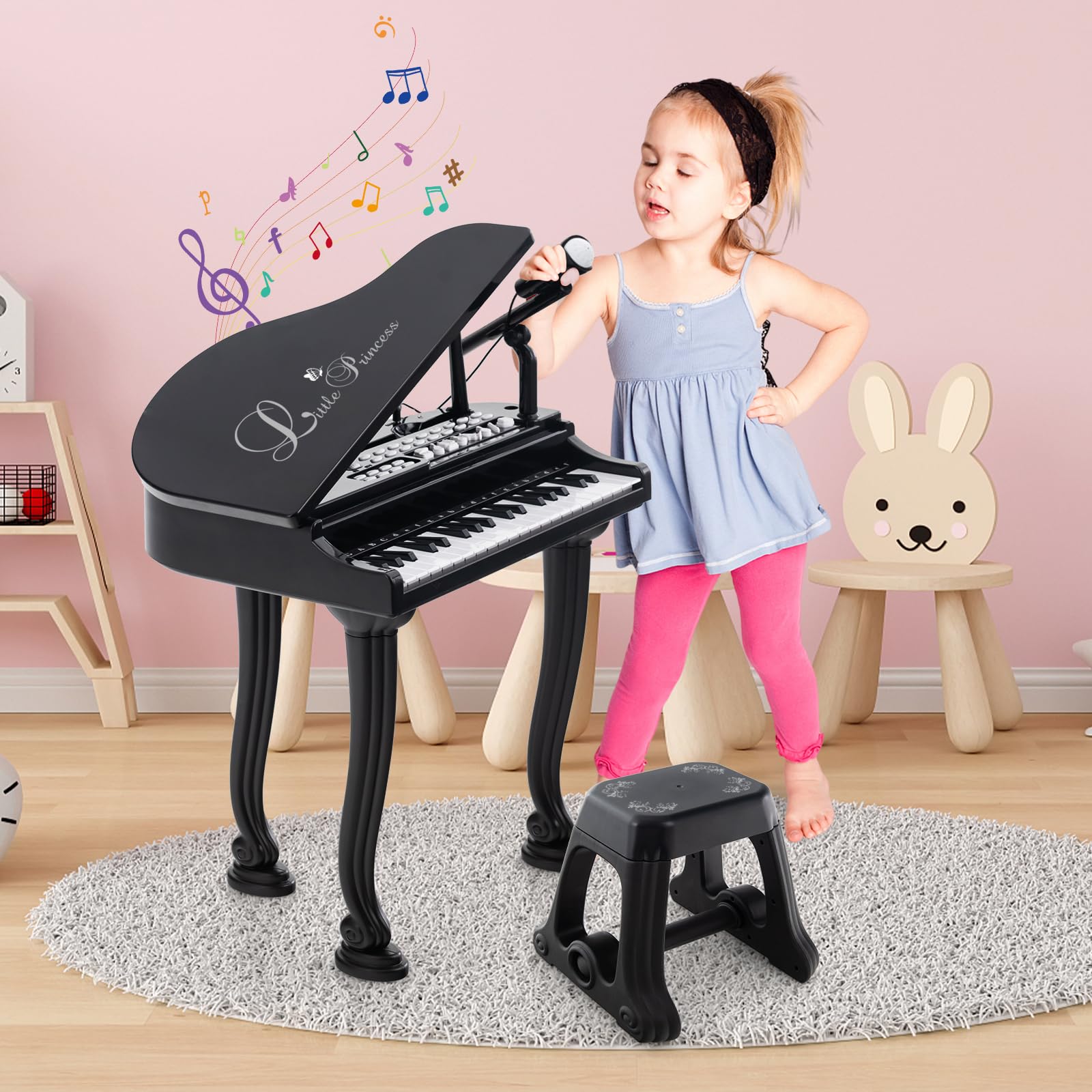 RELAX4LIFE Pianoforte per Bambini con 31 Tasti e Sgabello, Tastiera Pianoforte Elettronico con Microfono, Funzione di Registrazione e Riproduzione, Giocattolo Musicale per Bambini 3+ Anni (Nero)