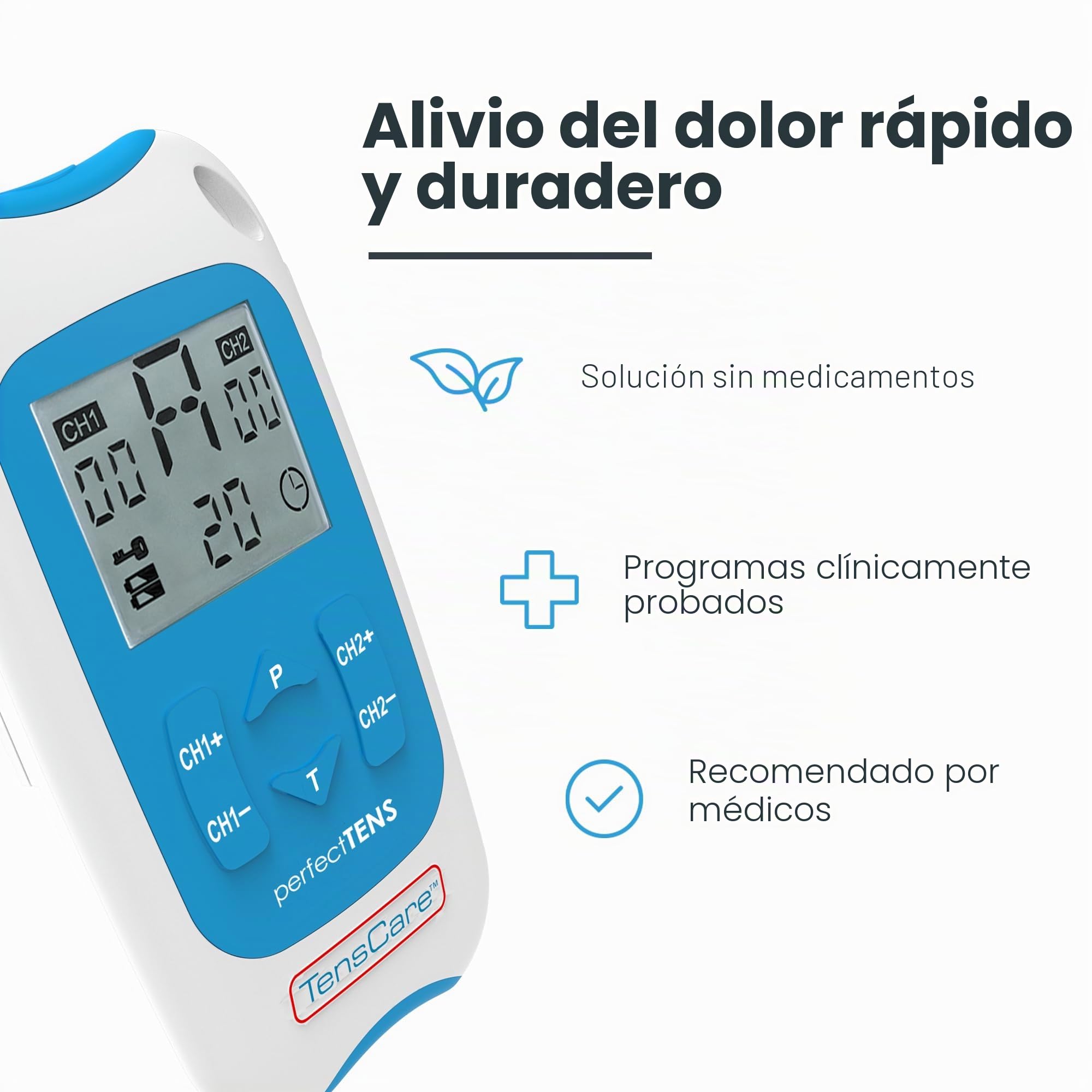 TensCare Perfect TENS con 16 electrodos para un alivio eficaz del dolor | 2 canales y 8 programas para dolores de espalda, articulaciones, músculos y crónicos.