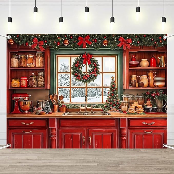 Amazon.com : AIBIIN 7x5ft Christmas Kitchen Photography Backdrop Retro ...