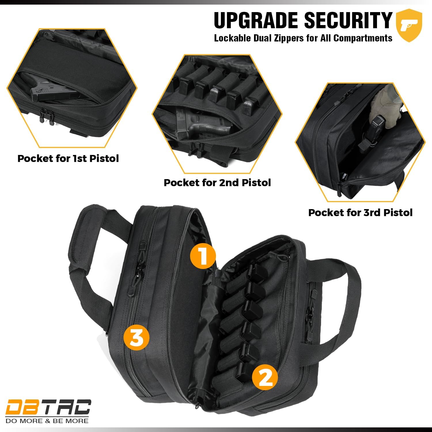 DBTAC Gun Case Bag Upgraded Compact | Tactical 3x Pistol Bag Firearm Shooting Case with Lockable Zipper for Shooting Range Outdoor Hunting | Molle Pouch + US Flag Patch + Universal Holster Included